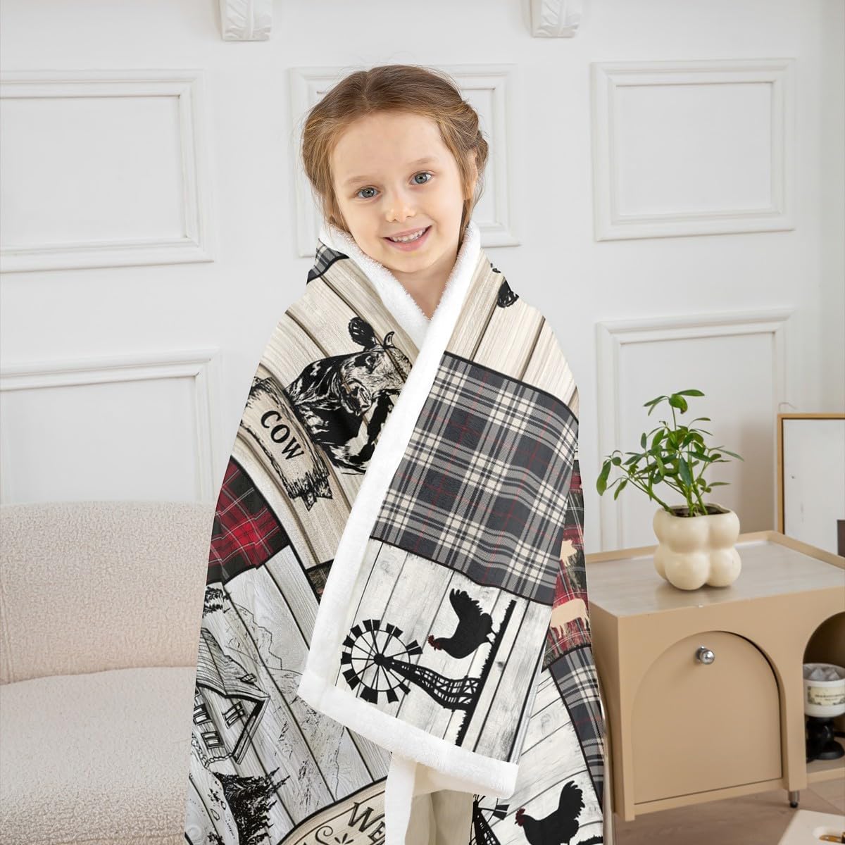 Rustic Farm Animal Fleece Bed Blanket Throw 50"X60" Retro Buffalo Plaid Farmhouse Cabin Throw Blanket Country Sheep Chicken Cow Print Sherpa Blanket,Grid Windmill Flannel Blanket Red Black Grey - Image 4