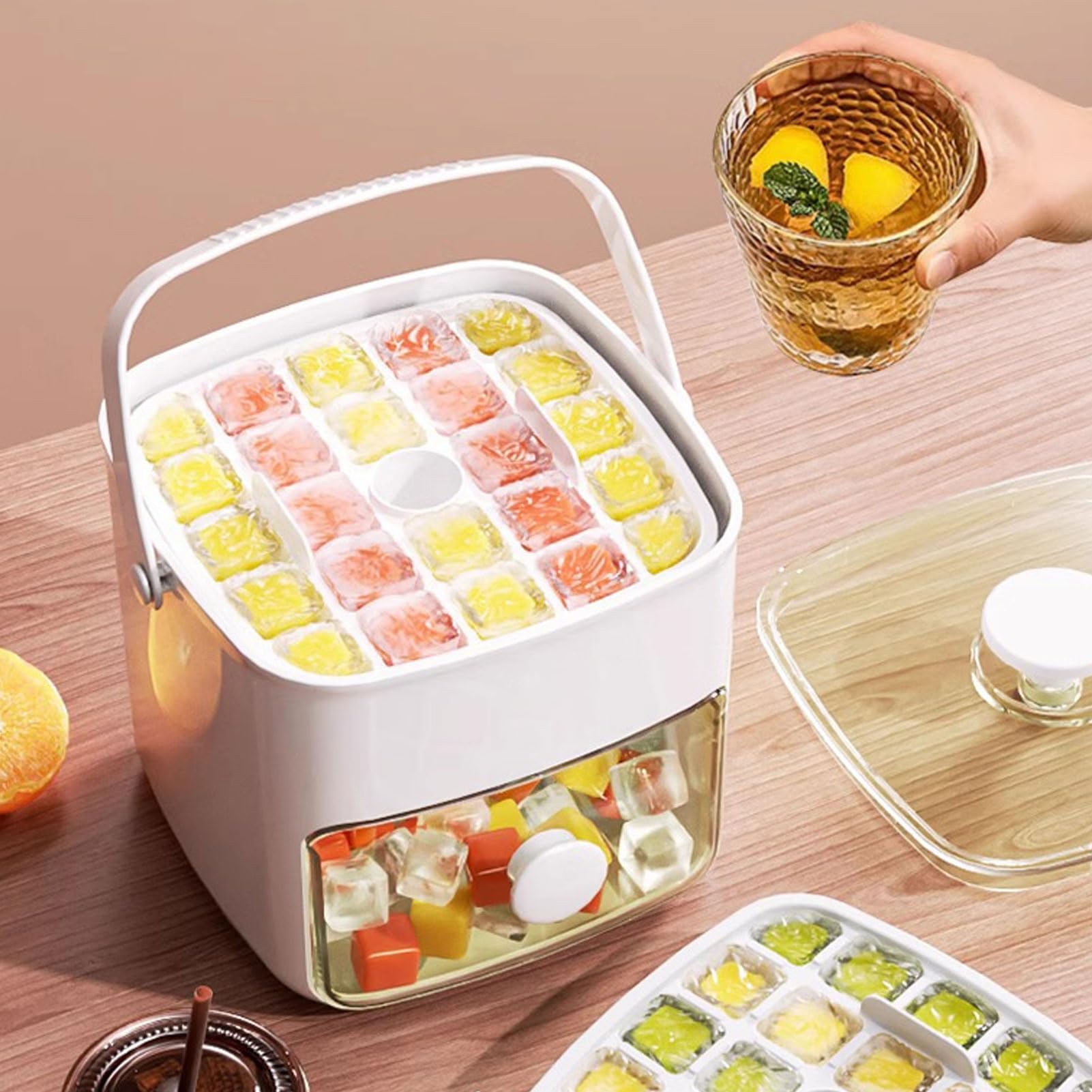 Cubo di Ghiaccio Maker Ice Set di Vassoio con 2 Vassoi e Contenitore per 120 Cubi di Rilascio Facile Design di Grado di Grado Alimentare Materiale PP Silicone Gestisce il (bianco latte)