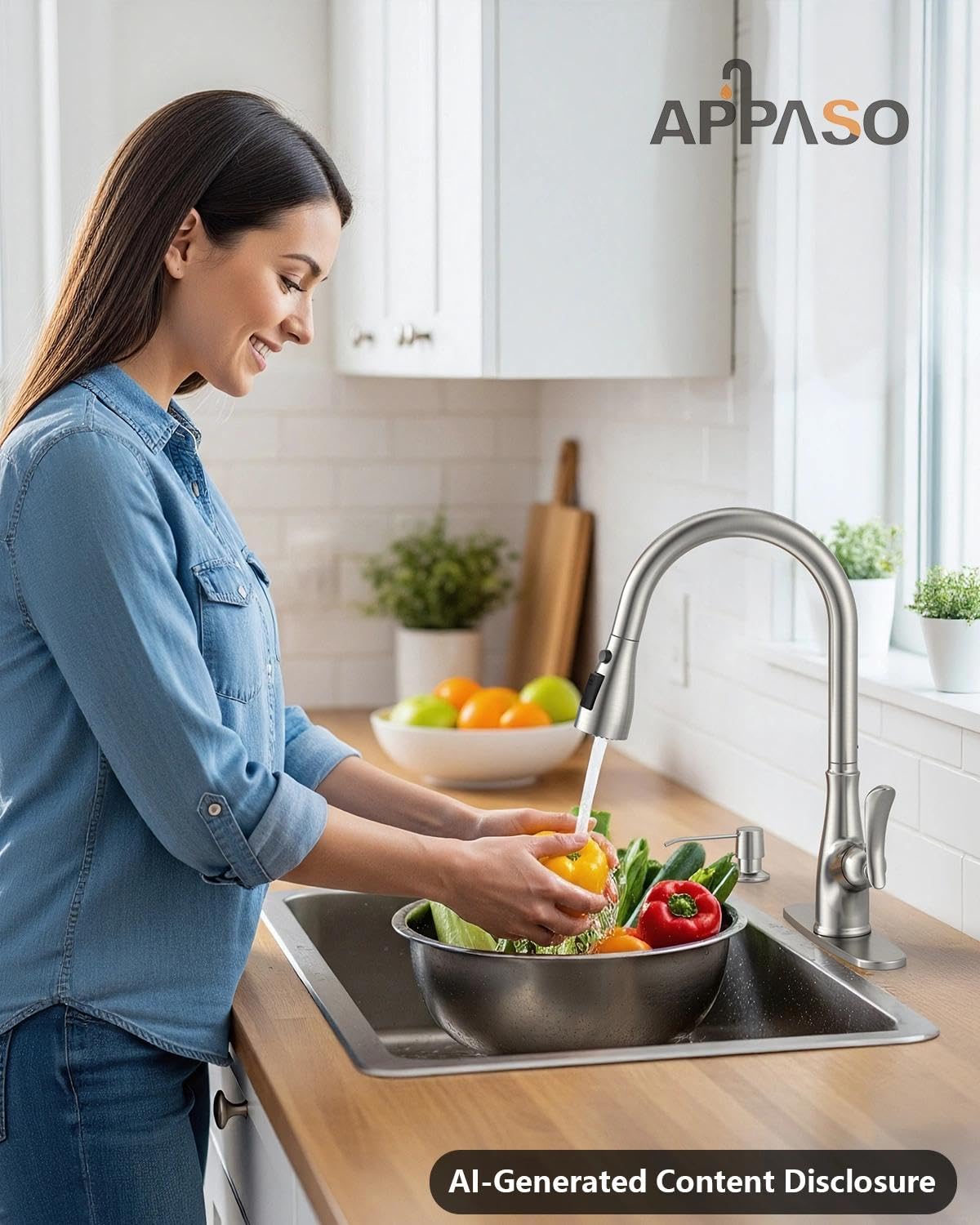 APPASO Robinet de cuisine sans contact avec pulvérisateur extractible, détecteur de mouvement, robinets d'évier de cuisine mains libres, nickel brossé, compatible avec 1 ou 3 trous, pulvérisateur à 3