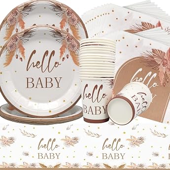 Doyomtoy Boho Baby Shower Party Tableware 61-Piece Baby Shower Paper Tableware Set - Paper Plates Paper Towels Paper Cups for Baby Shower Party Decoration Boy Girl Party Accessory Set 20 Guests