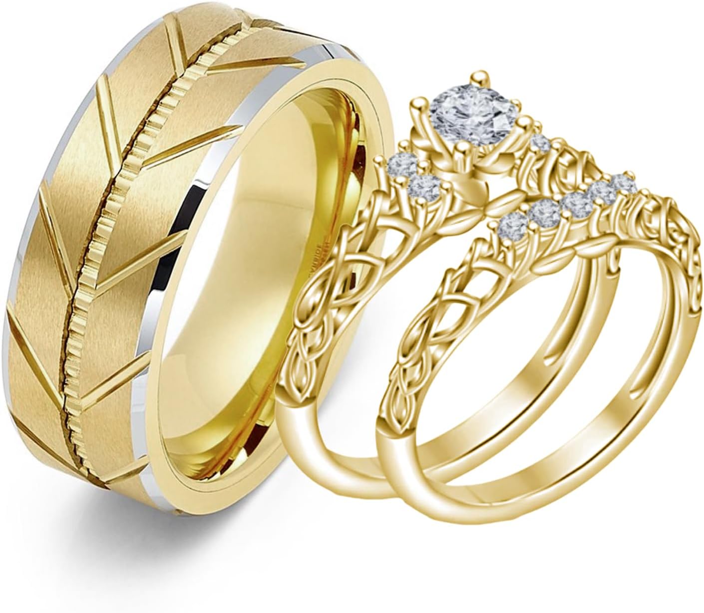 S925 10k/14k/18k Real Gold Moissanite Couple Ring Set for Her and Him, 1-3 Carat Moissanite Leaf Wedding Couple Band Set, D Color VVS1 Clarity, 3pc Anniversary Engagement Ring Set