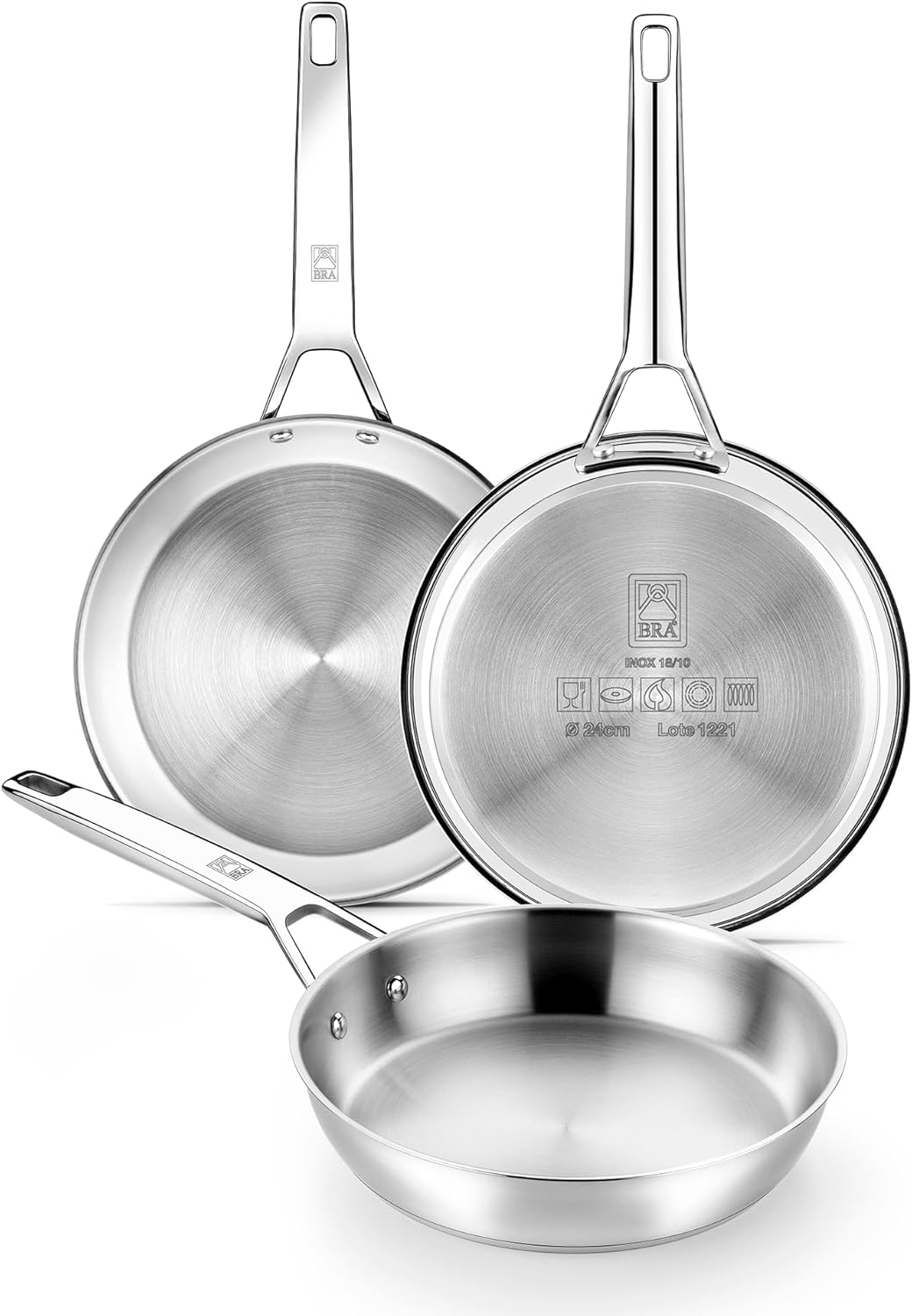 BRA COOKWARE Signature 3 Frying Pan Set | 8 + 9.5 + 11 inches Professional Skillet | Stainless Steel Frypan | All Stovetop Compatible Skillet | PFOA Free | w/o Non-Stick Coating | Polished Finish