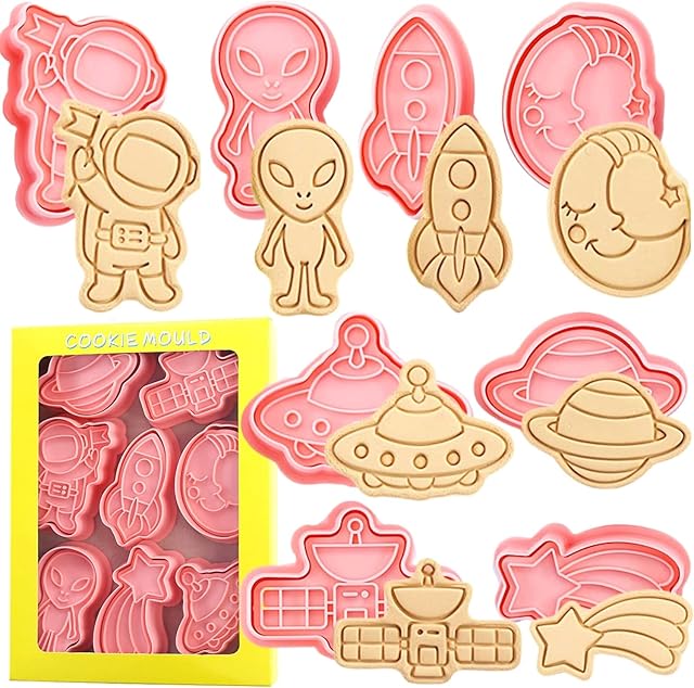 Crethink Space Cookie Cutter-8 Plastic Cookie Stamps-Cartoon Fun Cookie Mold,3D Space Themed Cookie Cutter Set.