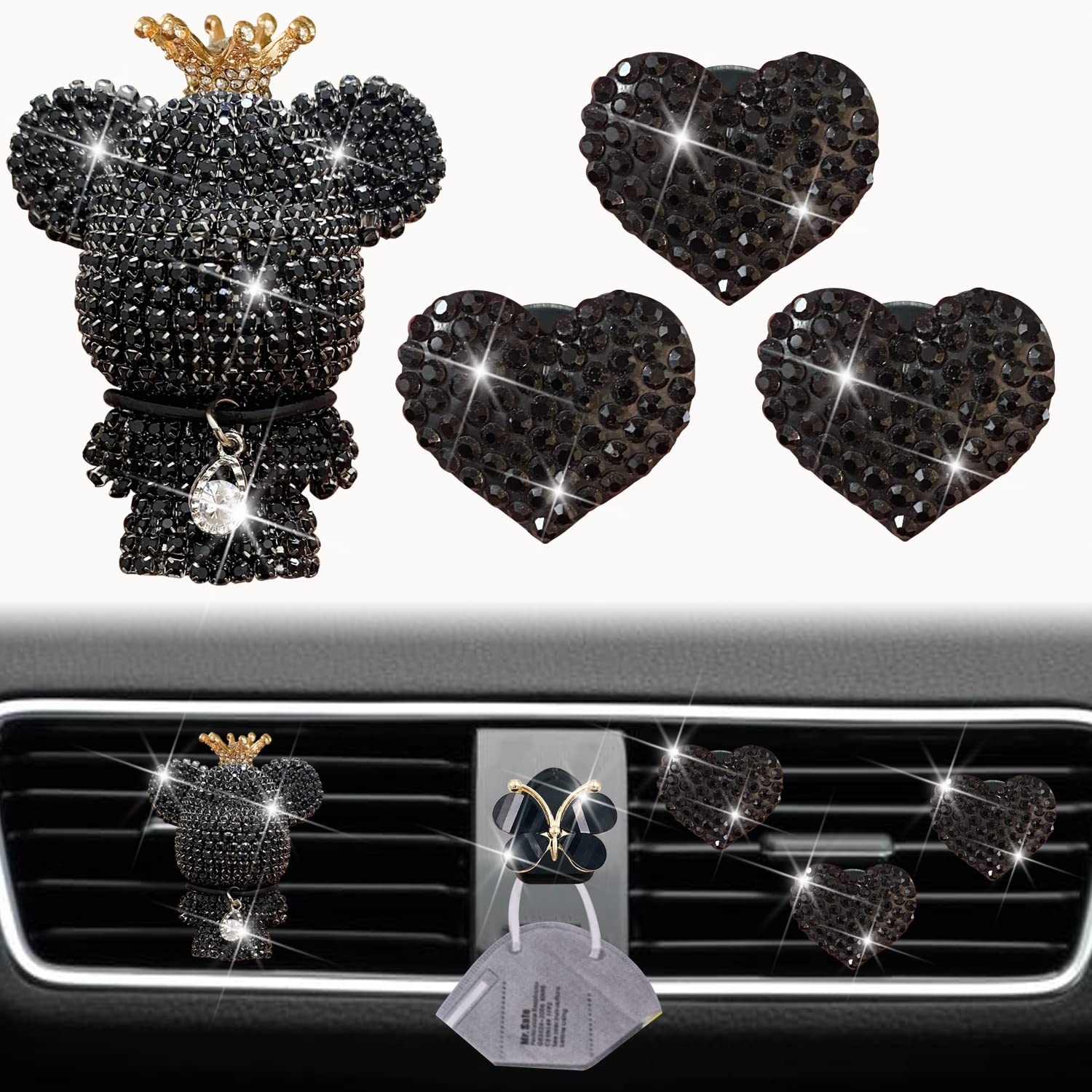 Black Heart & Bear Air Vent Clips, 4 Pcs Bling Heart Car Air Fresheners Diamond Car Diffuser Car Interior Decor Charm Cute Car Accessories Car