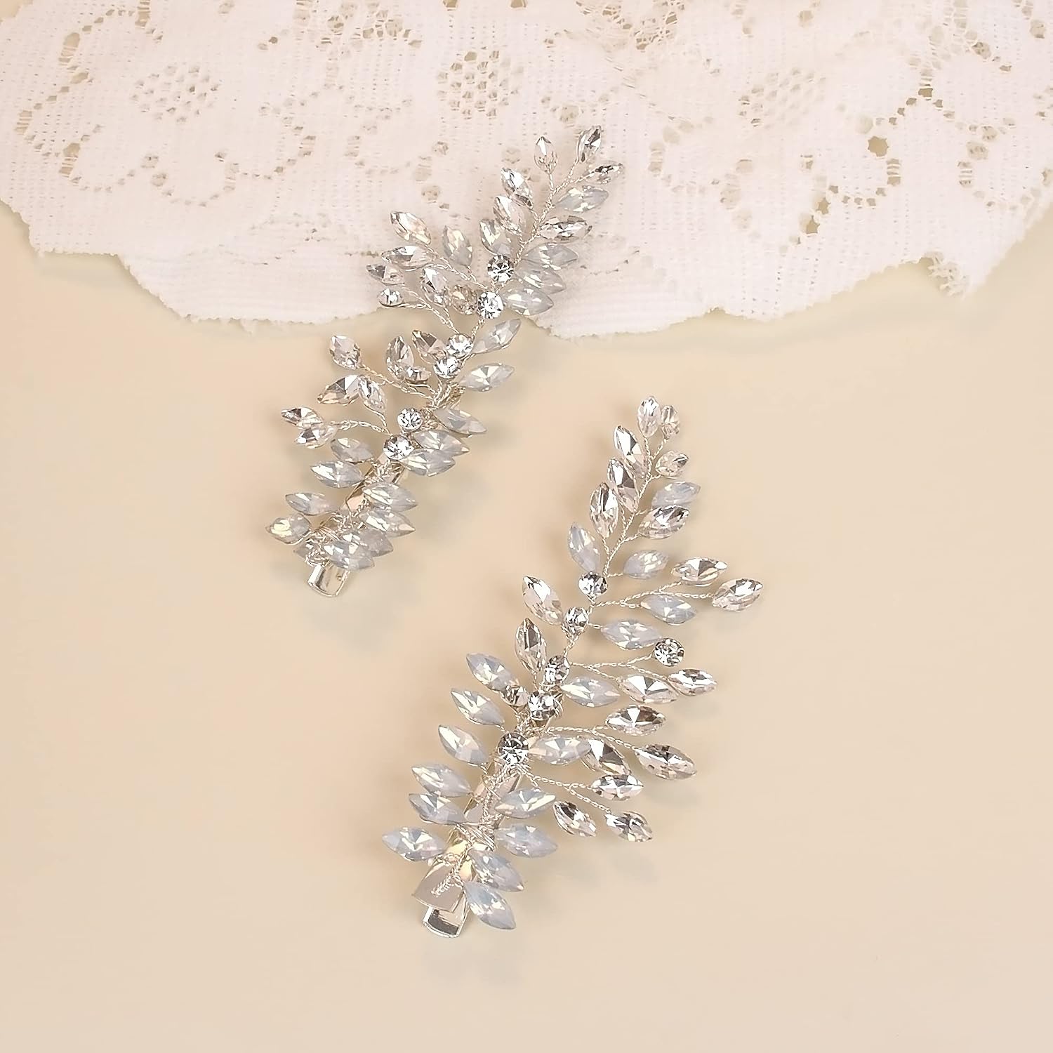 Bridal Wedding Hair Accessories, Beusoulover Wedding Hair Clilp with Rhinestone and Opal Alligator Clip, Handmade Wedding Hair Jewelry Headpiece for Brides, Bridesmaids, Party, Prom, Gift.. 2 Packs Wedding Hair Combs (Silver)