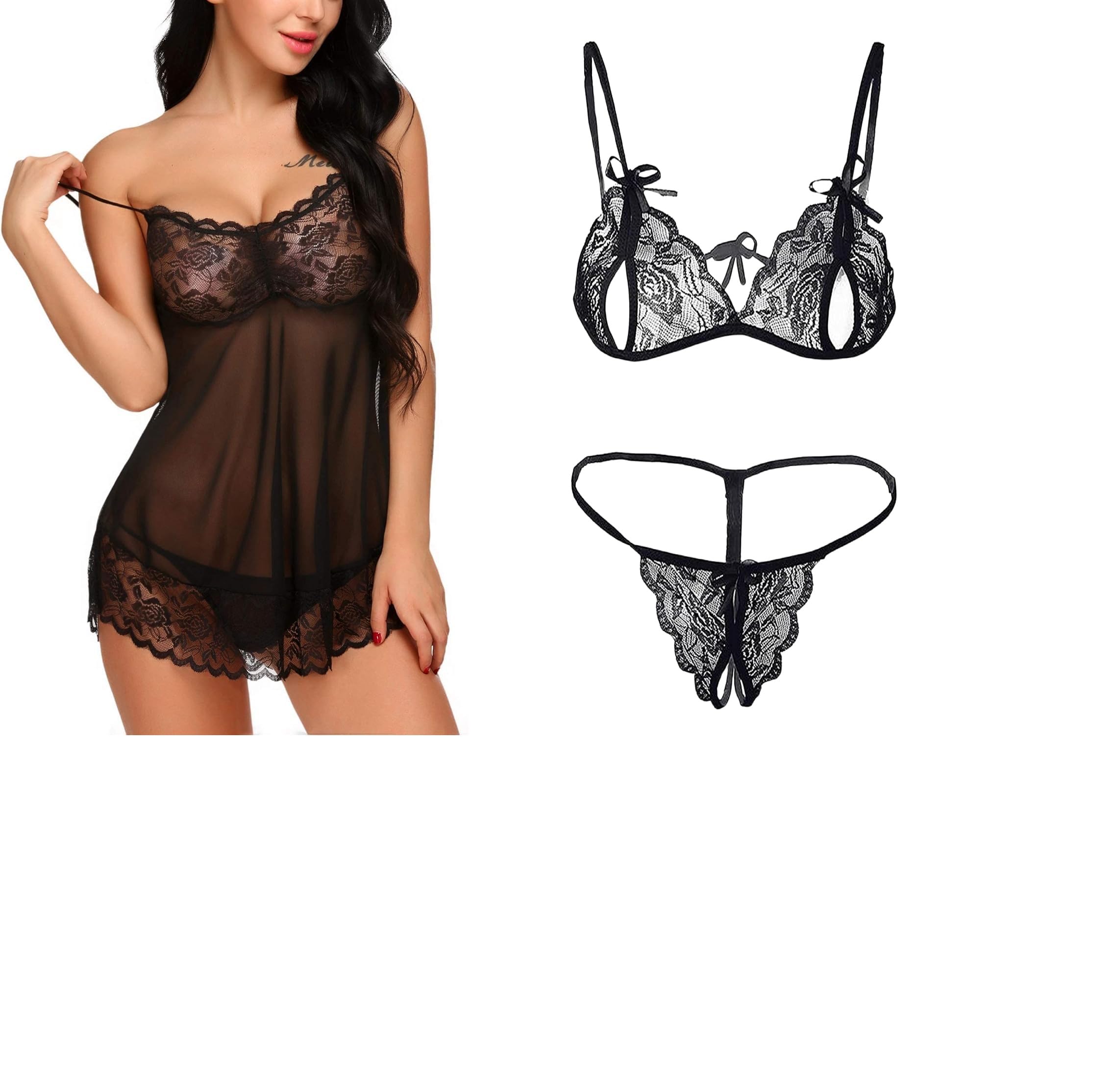 Lace Babydoll Lingerie Sexy Mini Chemise Mesh Wedding Nightie Bridal Nightdress with Bikini