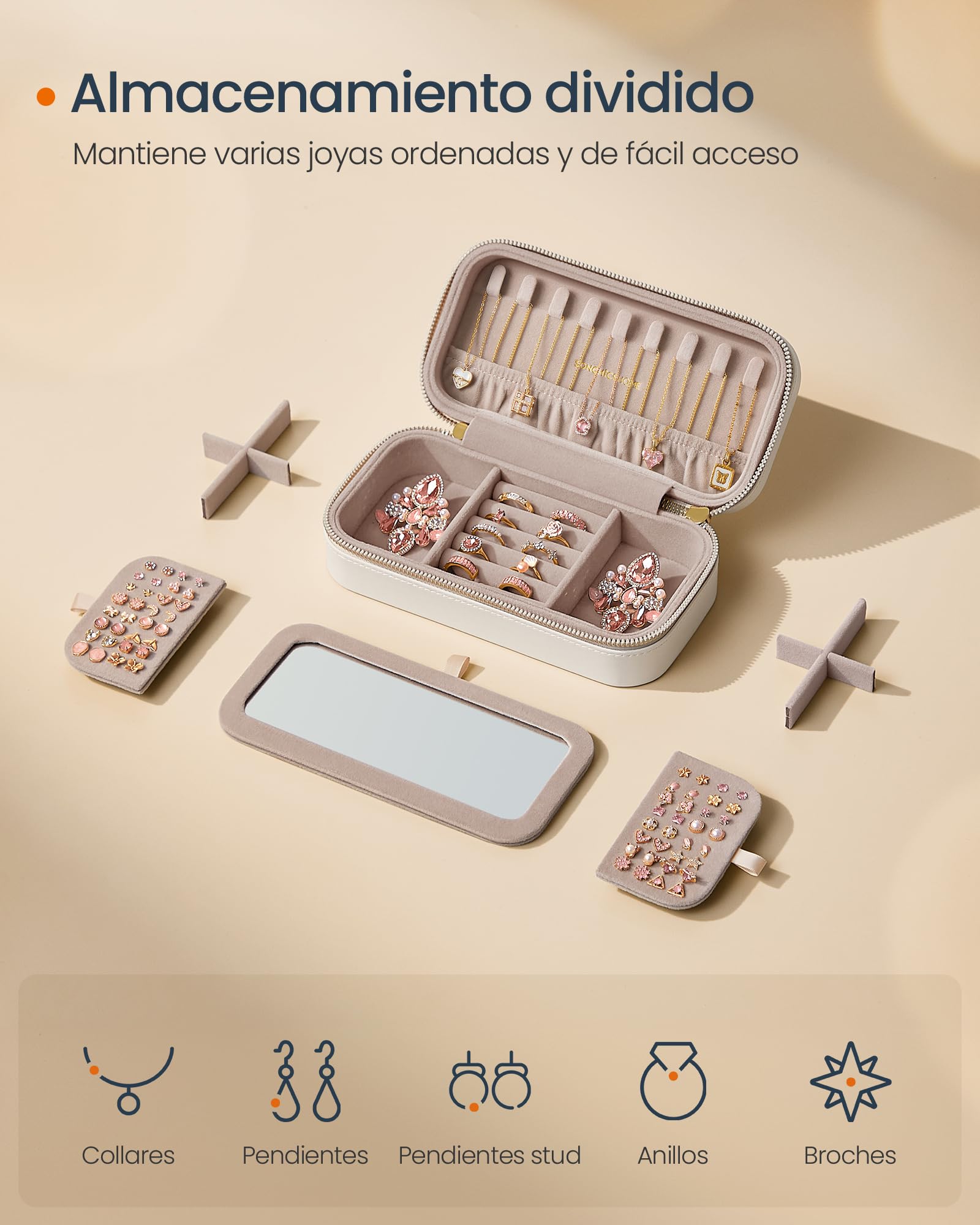 SONGMICS HOME Joyero de Viaje Pequeño con Espejo 10,5 x 20,5 x 6 cm PU Blanco Nube JBC180W01