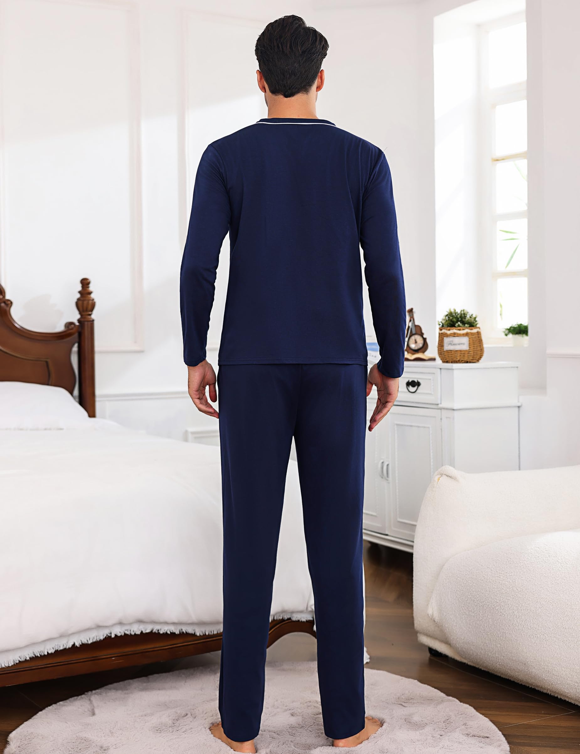 Litherday Pigiama Uomo Invernale Cotone Lungo Pigiami Due Pezzi da Uomo Manica Lunghe e Pantaloni con Tasche Morbido Loungewear