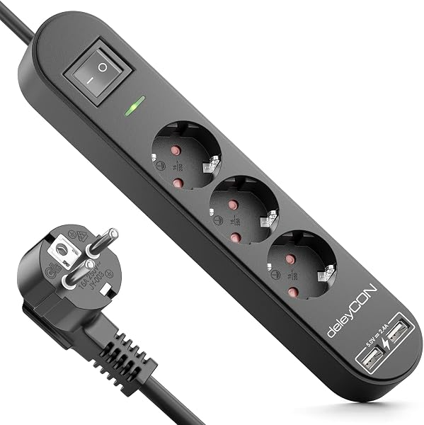deleyCON Regleta con 5 m, Tres Tomas, Puertos USB, Dos Salidas USB-A para Cargar Móvil y Tableta, Protección contra Sobretensión, Interruptor, Negro - 1