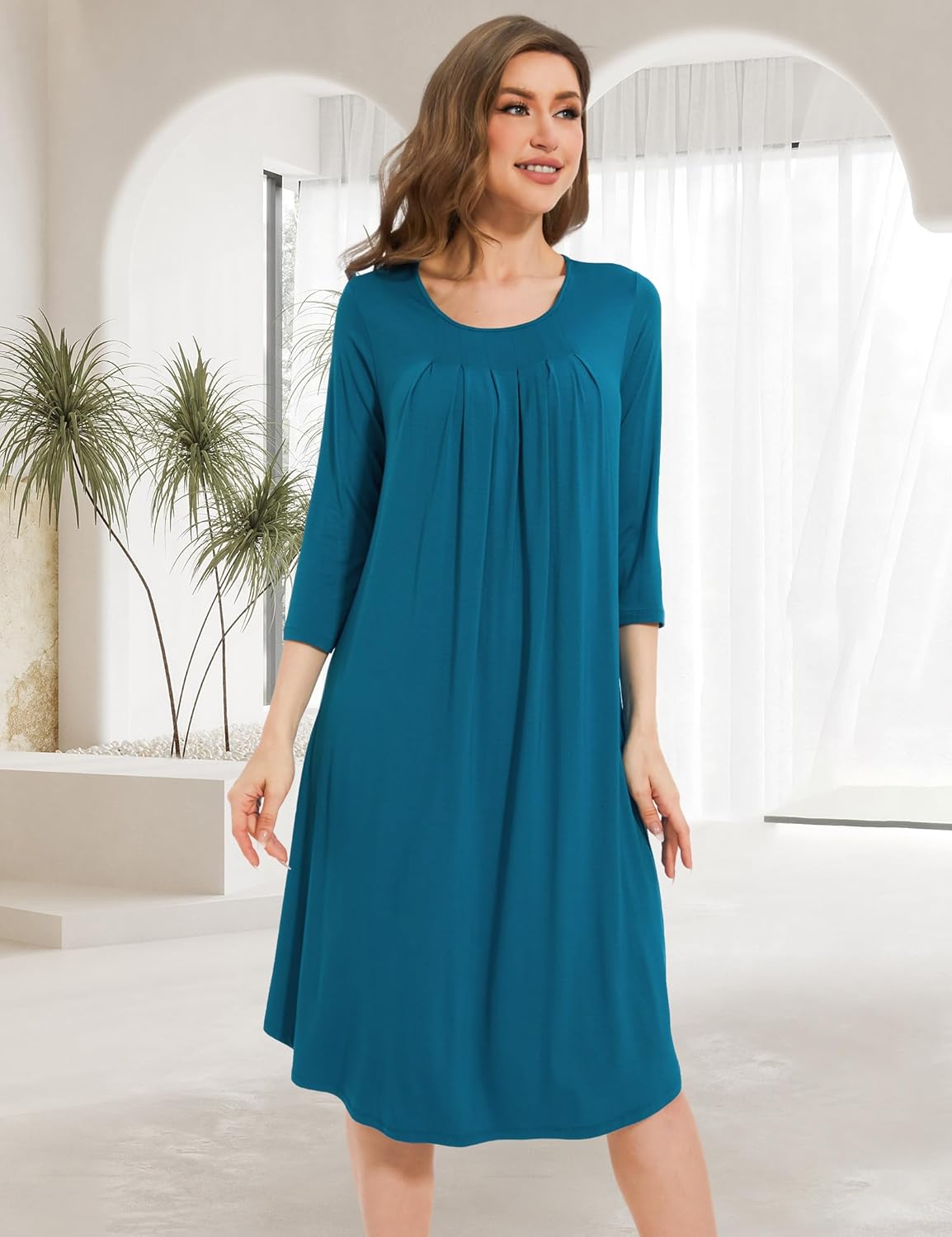 GYS Womens Long Nightgowns Soft Bamboo Viscose 3/4 Sleeves Pleated Sleepshirts Ladies Sleepwear Gown for Mom