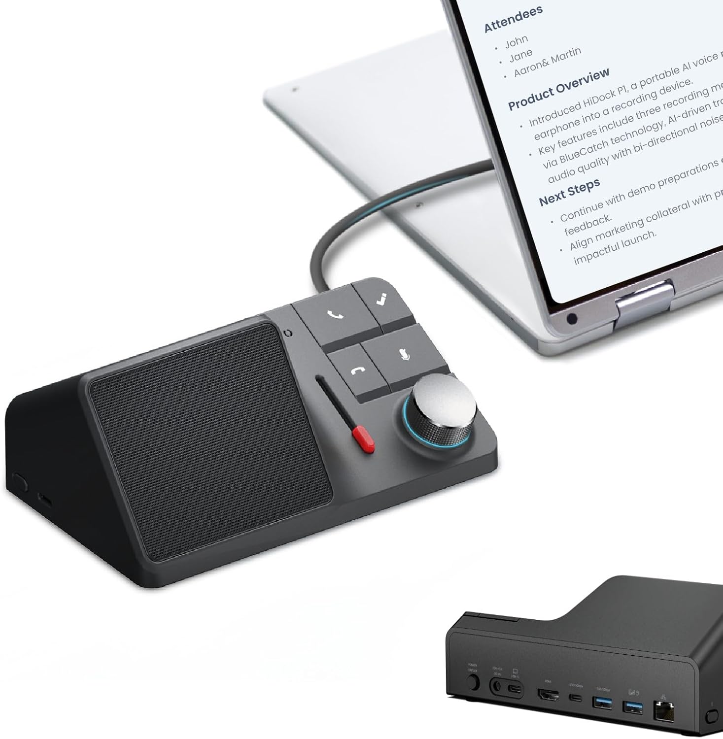 H1E AI Voice Recorder, 1000 Hrs Voice Recording, Free AI Transcription & Summarization, Supports 75 Languages, 20+ Templates, Wireless Earphone, VoiceMark, and 8-in-1 Docking Station (H1E)