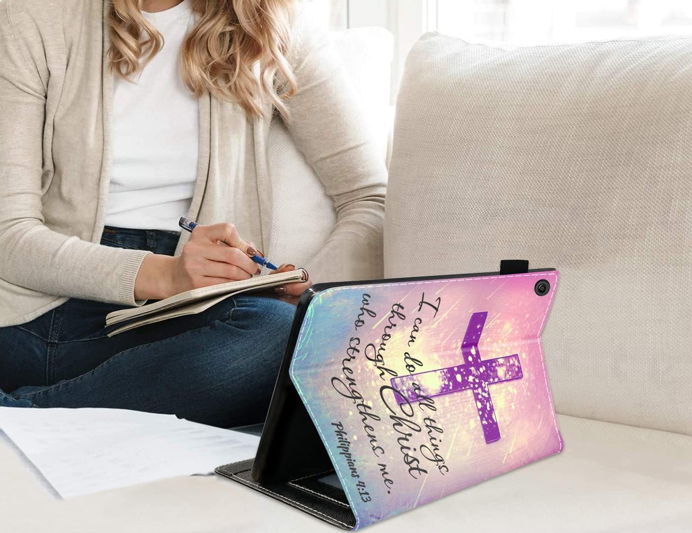 Case for Amazon Fire HD 10 Tablet 10.1" (9th/7th Gen, 2019/2017 Release), Christian Cross Quote Bible Verse Philippians 4-13 Design Premium PU Leather Cover with Card Slot & Pencil Holder