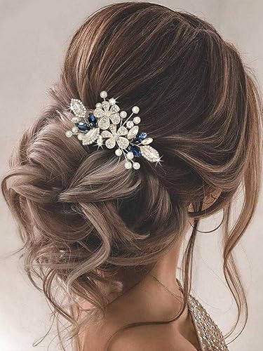 Miniatura 4 de Catery Peine para el pelo de boda con diseño de flores y cristales azules, perlas, diamantes de imitación, accesorio para el cabello de boda,
