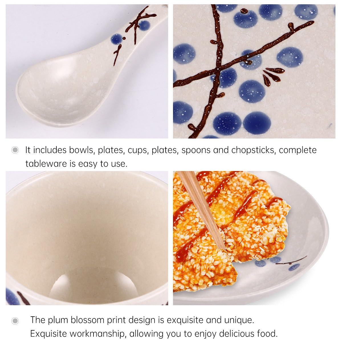 Assiette Vaisselle Pratique Cuillère Bol et Tasse en Céramique et Bois Service de Table Japonerie 6 Pièces Baguettes Personne