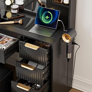 37 Fluted Makeup Vanity Desk with Mirror and Lights, 5 Drawers Tempered Glass Top Vanity Table with 5 Shelves , Large Vanity Dressing Table with Chair & Charging Station, 3 Lighting Modes for Bedroom
