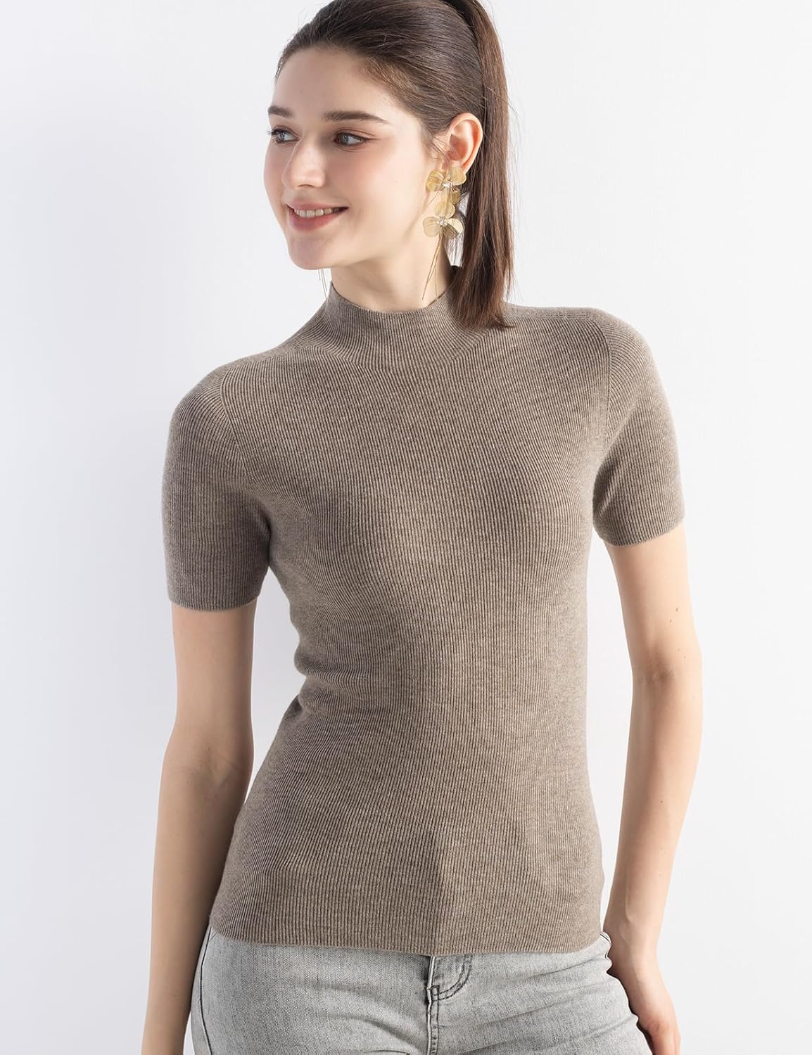 Women's Merino Wool Blend Sweater Mock Neck Rib Slim Fit Short Sleeve First-Line Ready to Wear Seamless Knit Sweater - Image 3
