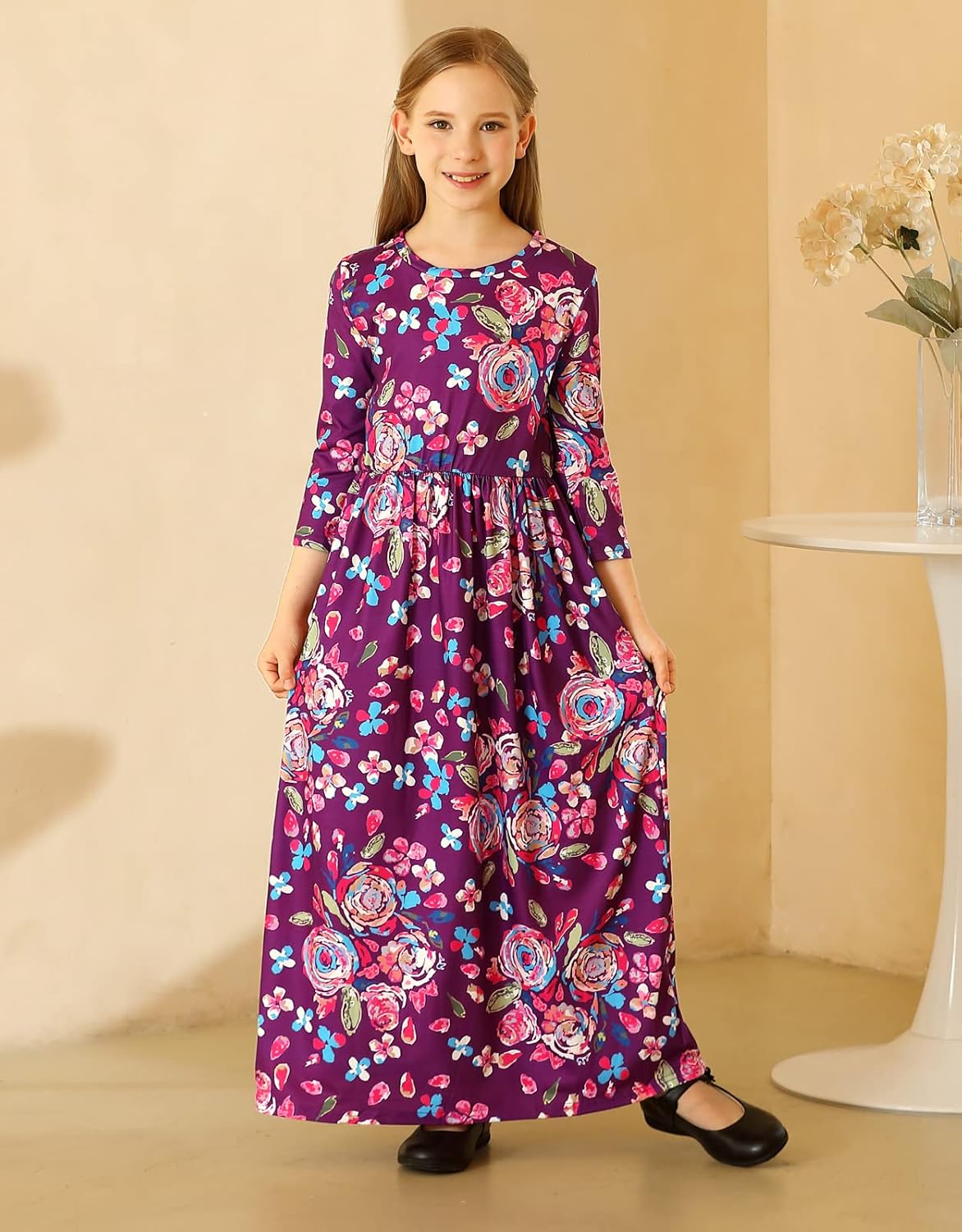 KYMIDY Girls Short Sleeve Floral Dress Kids Boho Casual Twirly Skater Dress with Pockets for Girls 6-13 Years - Image 2