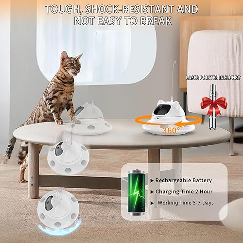 Miniatura 8 de Juguete láser para gatos, 3 en 1, juguete automático para gatos con láser aleatorio de 360 y pluma interactiva, 5 patrones láser, recargable por