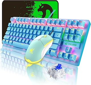 Mechanical Gaming Keyboard Blue Switch Mini 87 Keys Wired Rainbow LED Backlit Keyboard Professional Lightweight Gaming Mouse Gaming Mice Pad for Gamers and Typists (Blue)