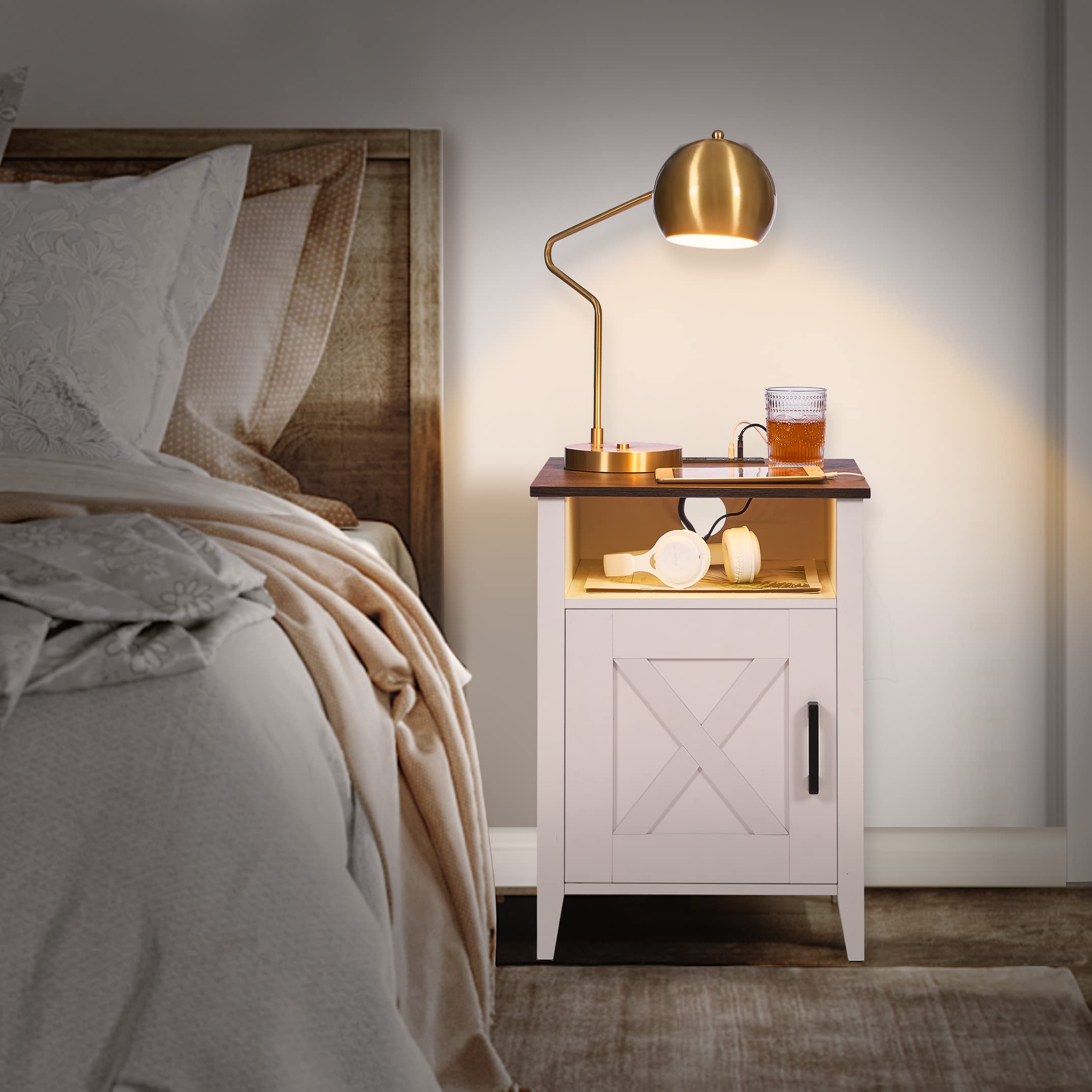 HOMSHO Nightstand with LED Strip Lights and Charging Station Set of 2, Farmhouse Style End Table with Barn Door and Shelf,Bedside Table for Bedroom, Living Room,White and Brown