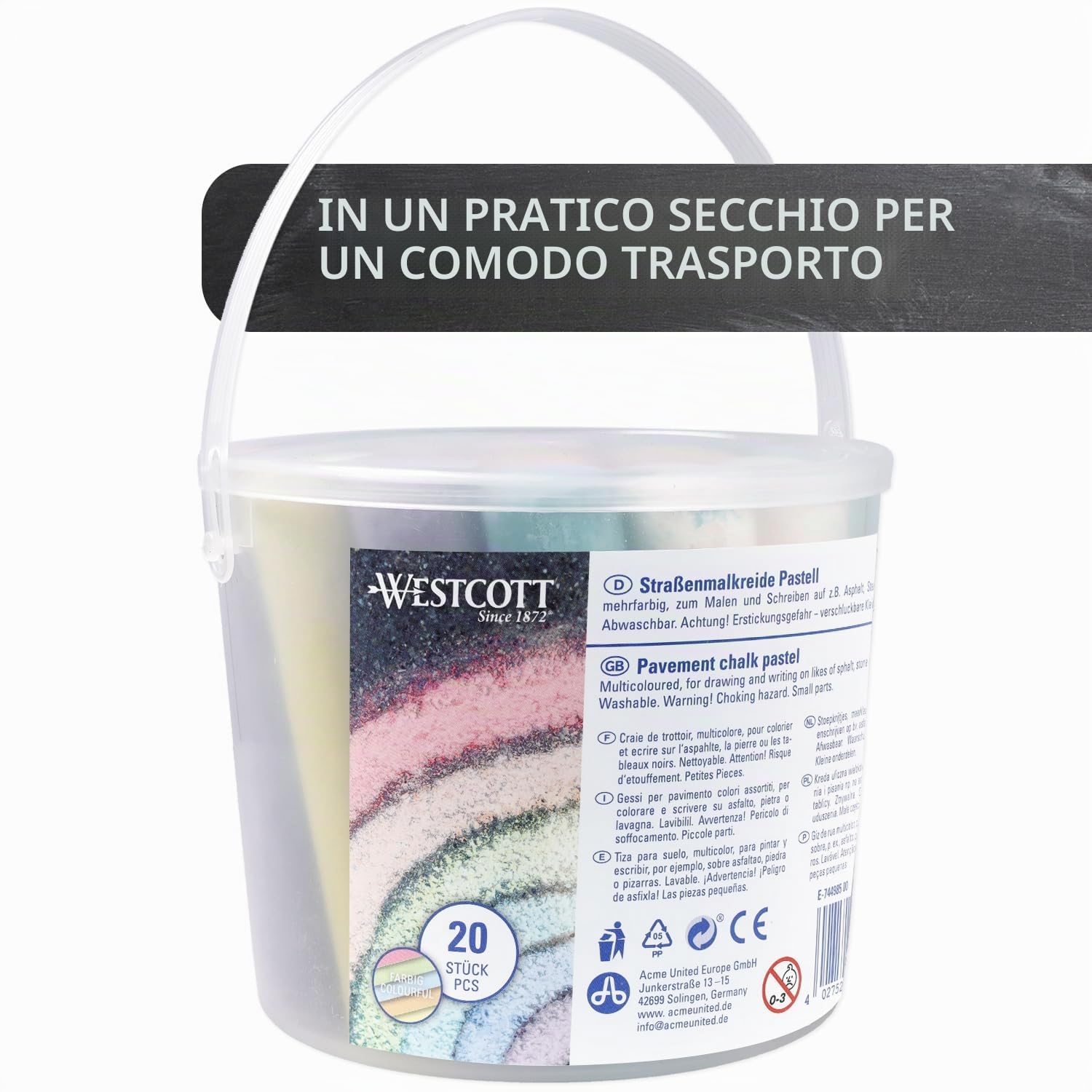 Westcott gesso colorati stradale | 20 gessetti colorati per bambini in un pratico secchiello | facilmente lavabili | adatti per asfalto, lavagne o pietra | E-744985 00 (Confezione da 2)