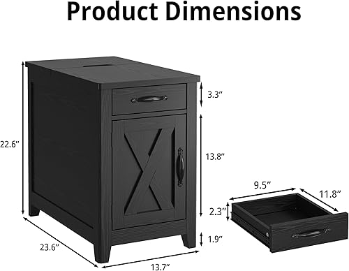 Miniatura 3 de IRONCK Mesa auxiliar con estación de carga, mesa auxiliar estrecha para sala de estar, juego de 2 mesitas de noche con cajón y portavasos, mesita de