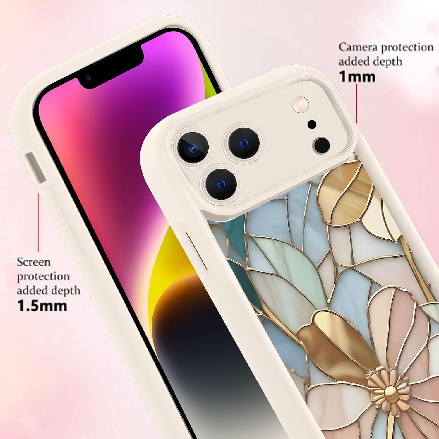 Aesthetic Flower Case for iPhone 17 Pro Max 6.9’', Cute Floral Pattern Stained Glass Case, Shockproof Soft Slim TPU Full Lens Protective Silicone Cover for Women Girls -White Gilt Flower image 5