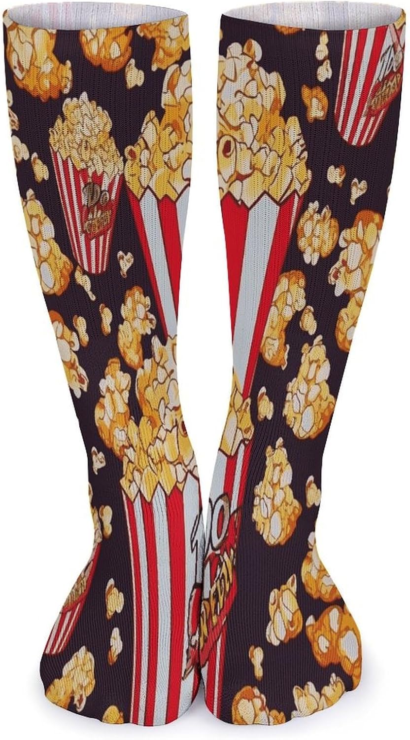 Popcorn Print Crew Socks Cozy Casual Calf Socks Lightweight Long Work Sock Breathable Athletic Sock for Hiking Sports Running 5 Pairs