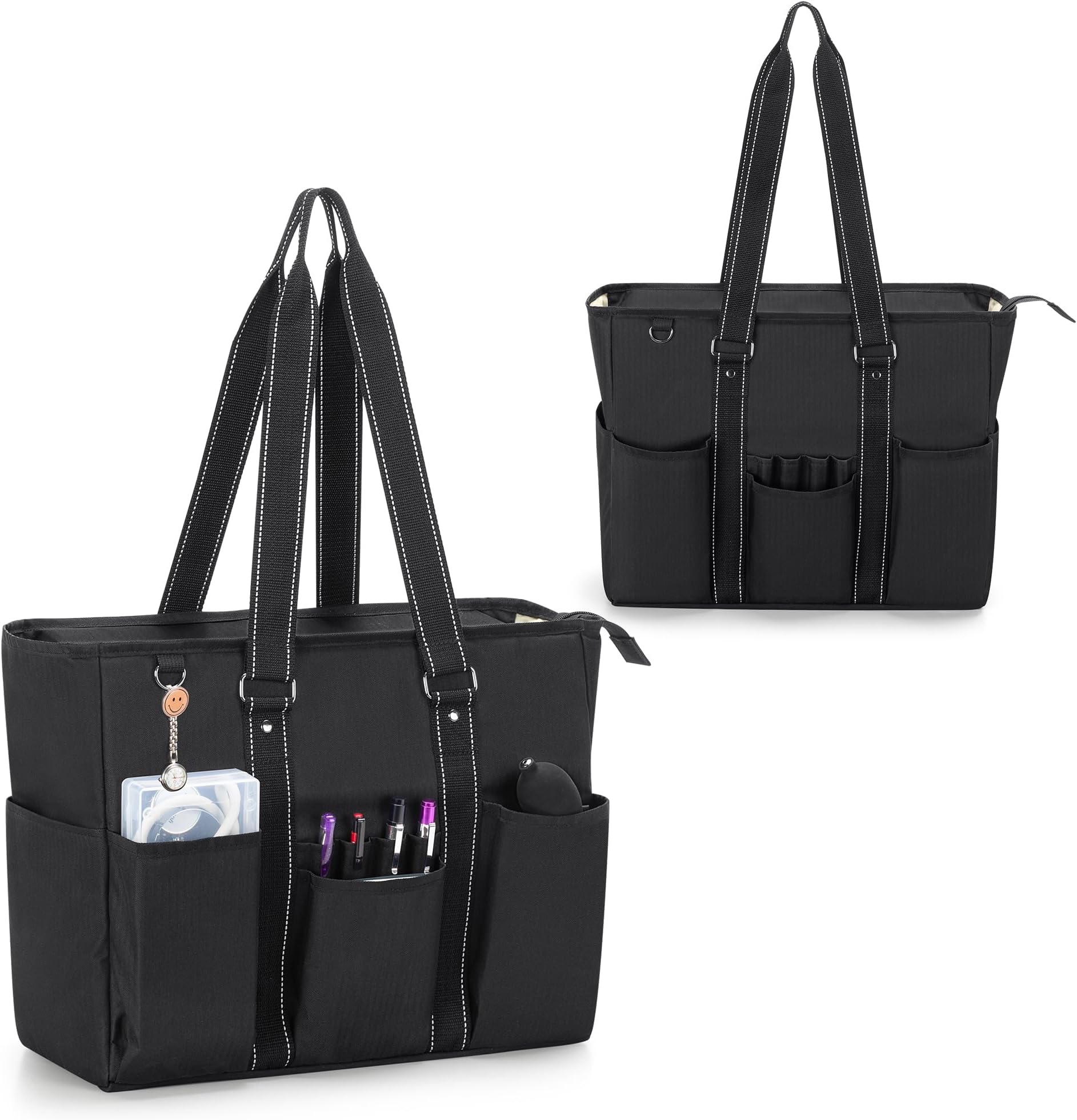 Multiplepocket Shoulder Bag, Utility Organiser with Laptop Sleeve and Pen Slots, Portable Travel Bag for Teacher, Student and Staff, Black
