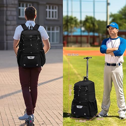 Miniatura 5 de Bolsa de béisbol con ruedas para adultos, bolsa de béisbol con gancho para cerca, guante de bateo, casco, bolsa de murciélago con compartimento para