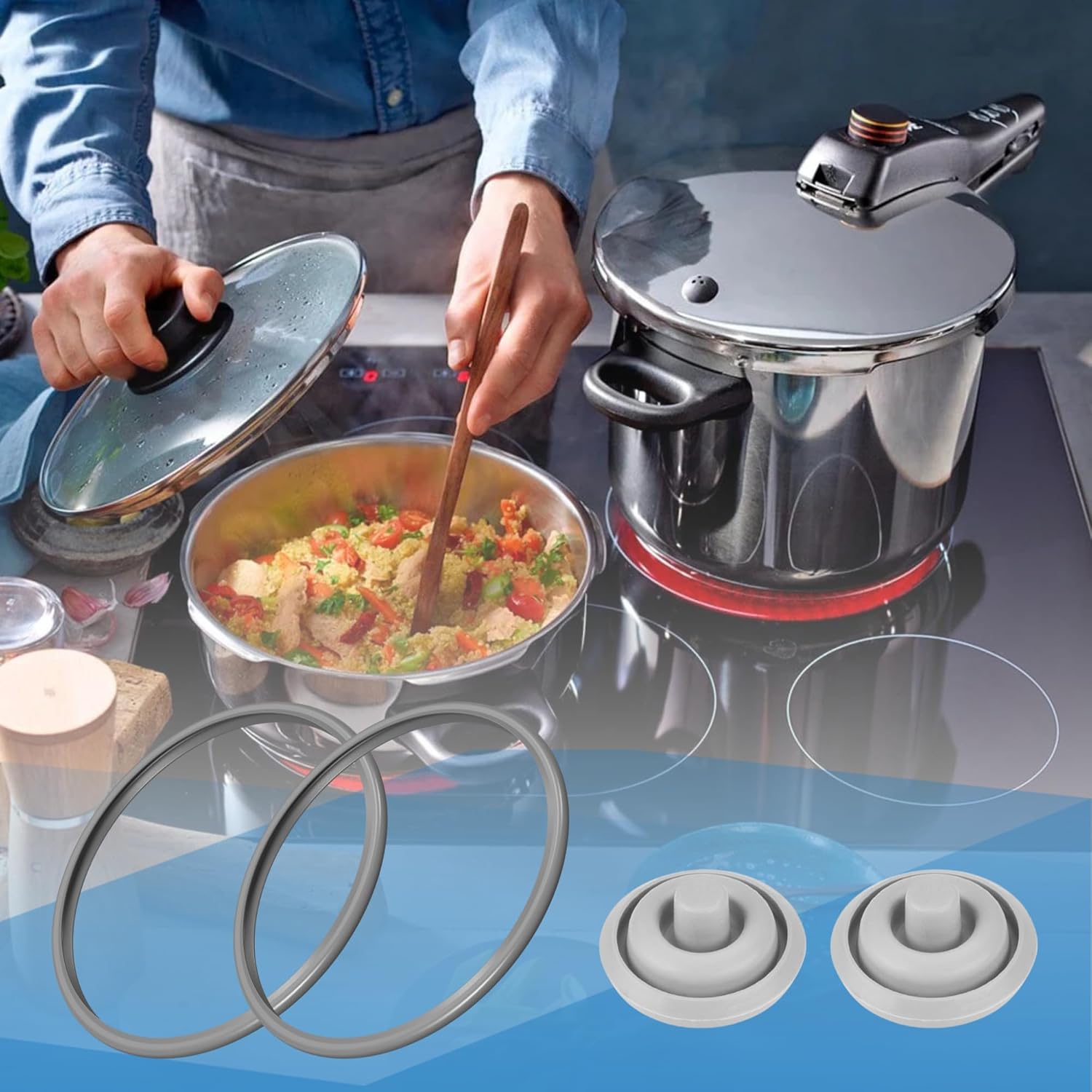 Pack of 2 WMF WMF Plus Ø22 cm (3L, 4.5 L, 6.5 L, 8.5 L) + 2 WMF Cooking Indicator Valve Ø3 cm, Pressure Cooker Rubber Gasket, Compatible Replacement