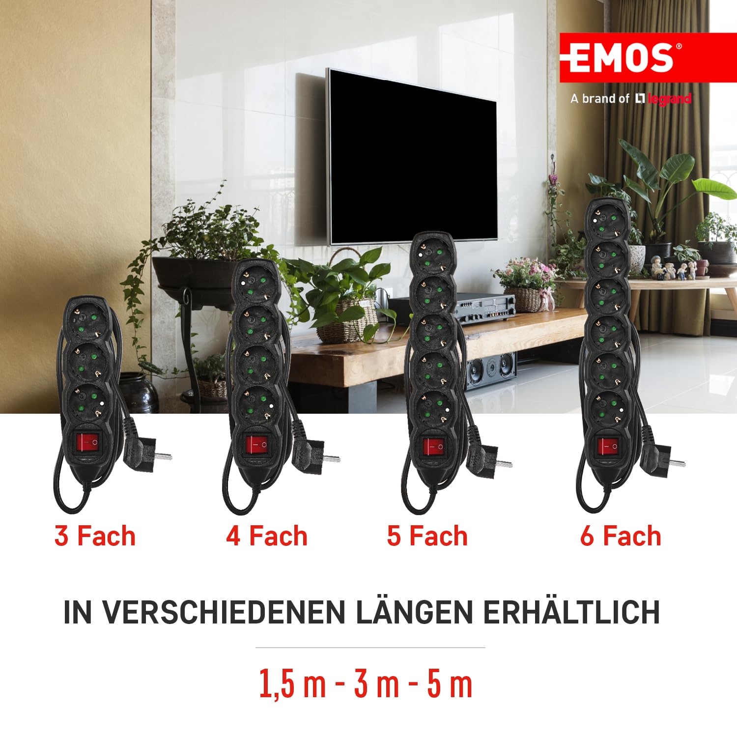 Bloc Multiprise 5 Prises PC1521R Avec Interrupteur, Câble Noir, Prises Tournées à 45°, Section 1