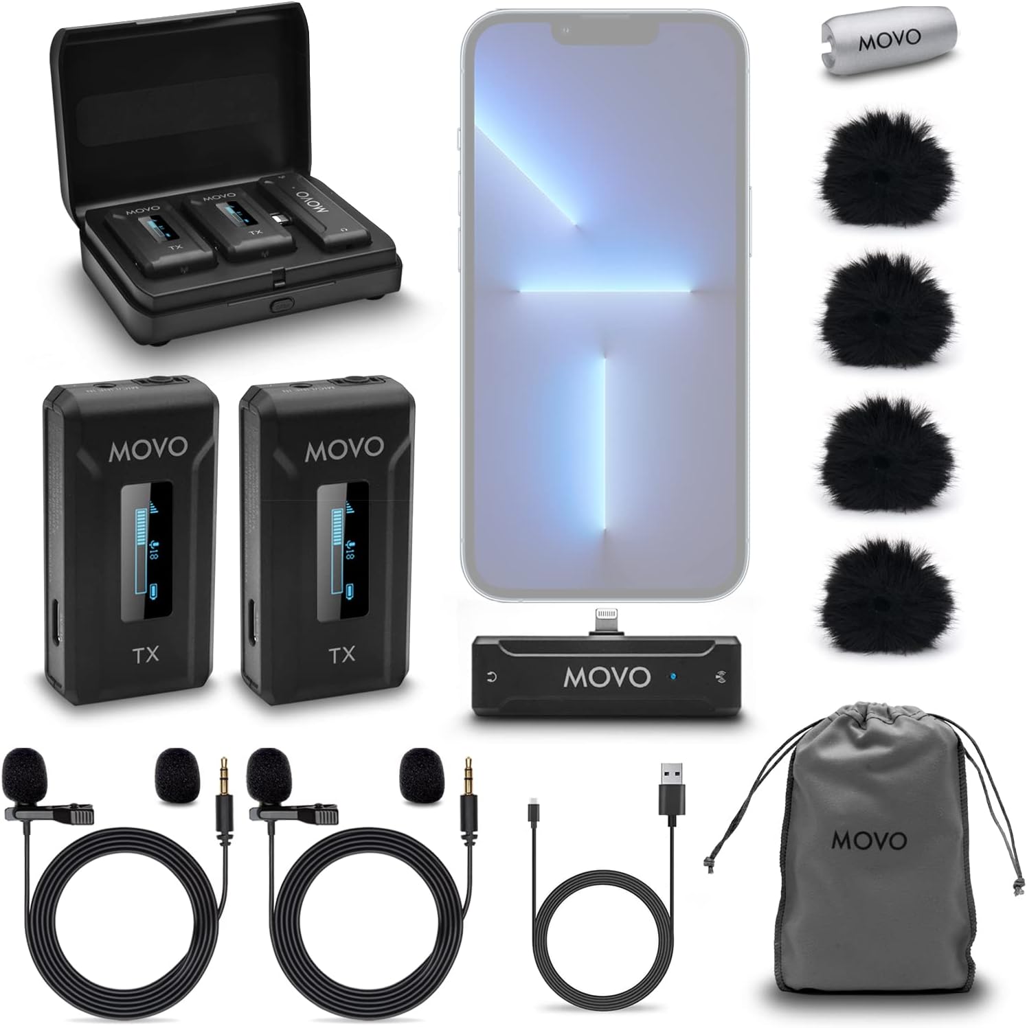 Movo WMX-2-L-DUO Dual Wireless Lavalier Microphone for iPhone with Charging C...