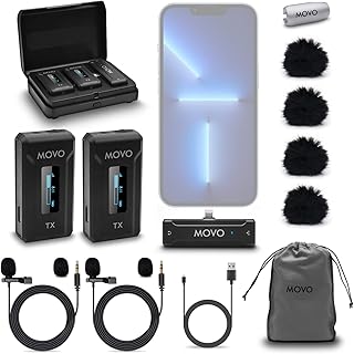 Movo WMX-2-L-DUO Dual Wireless Lavalier Microphone for iPhone with Charging Case, Onboard Mics, Clip-on Lapel Mics, 7HR Battery, 100m Range, Adjustable Gain - iPhone Microphones for Video Recording