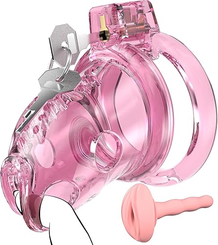 Miniatura 7 de Jaula de castidad masculina – Jaula de pene rosa ligera con parte delantera de plástico suave y anillos de 6 tamaños, cómodo dispositivo de castidad