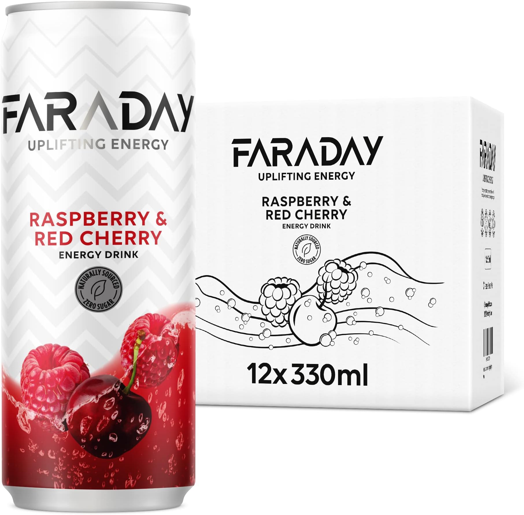 Faraday 100% Natural Zero Sugar Energy Drink, 12 Pack Low Calorie Sparkling Raspberry Cherry