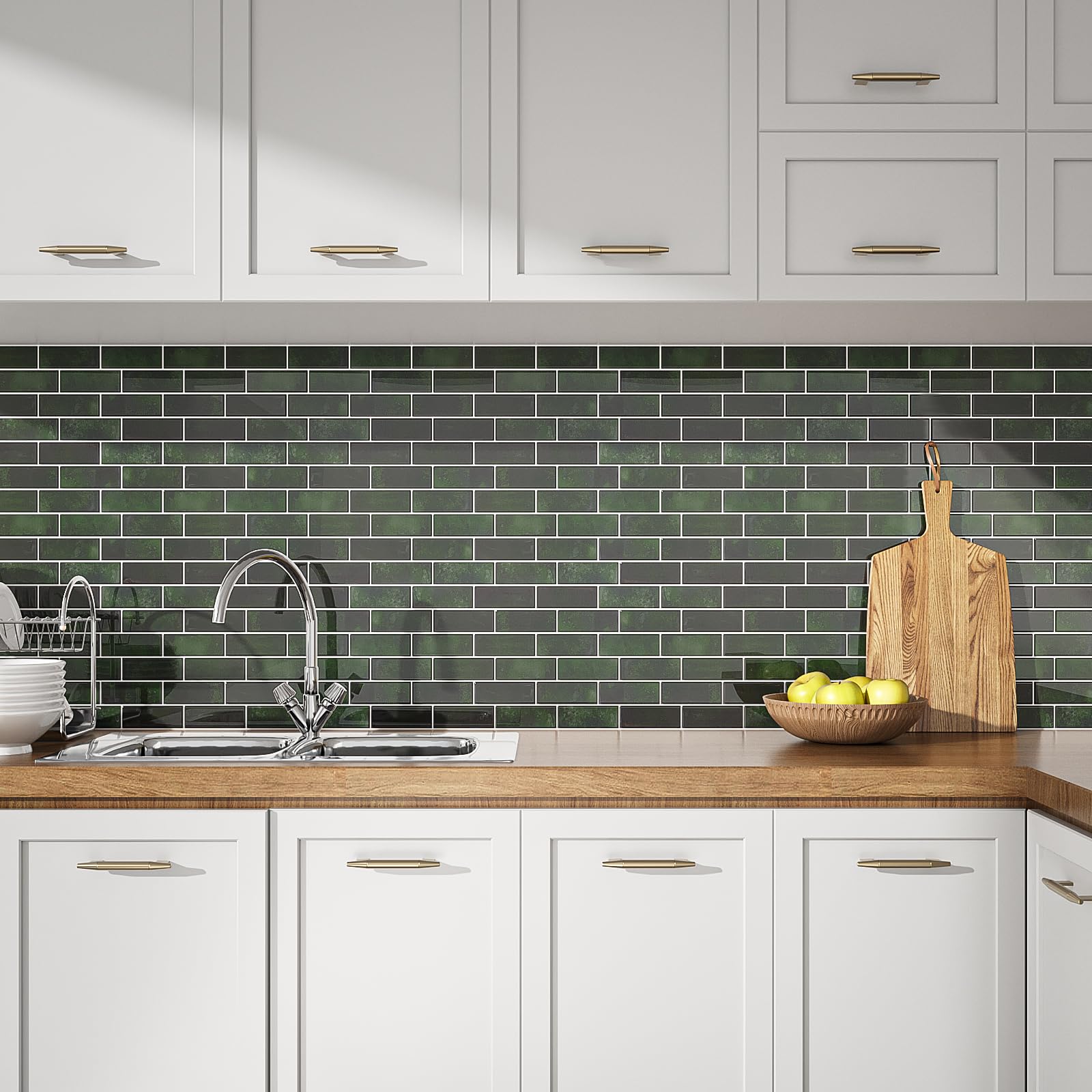 VEELIKE Azulejos Adhesivos Baño Rectángulos Verde Oscuro 3D Baldosas Adhesivas Pared Cocina Vinilos Baño Impermeable Azulejos Vinilo Adhesivo Cocina Pegatinas de Baldosas 30.5cm×30.5cm 24 Piezas
