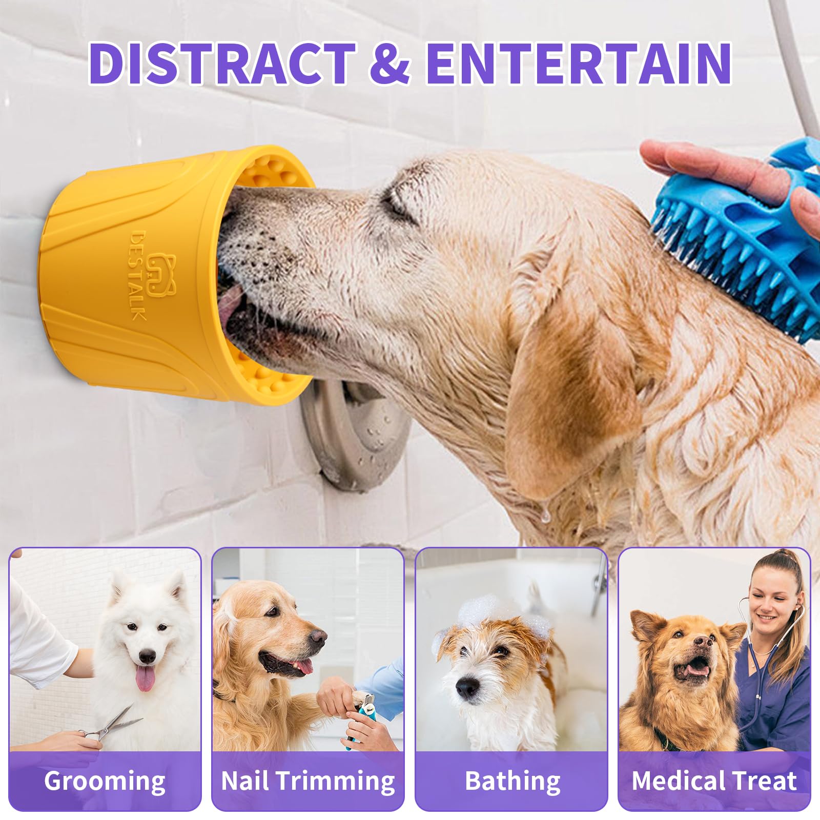 Gamelle à lécher pour chien - Soulage l'anxiété - Distributeur de friandises - Antidérapant - Pour chiens de petite, moyenne et grande race, silicone sans BPA (jaune, taille M-L)