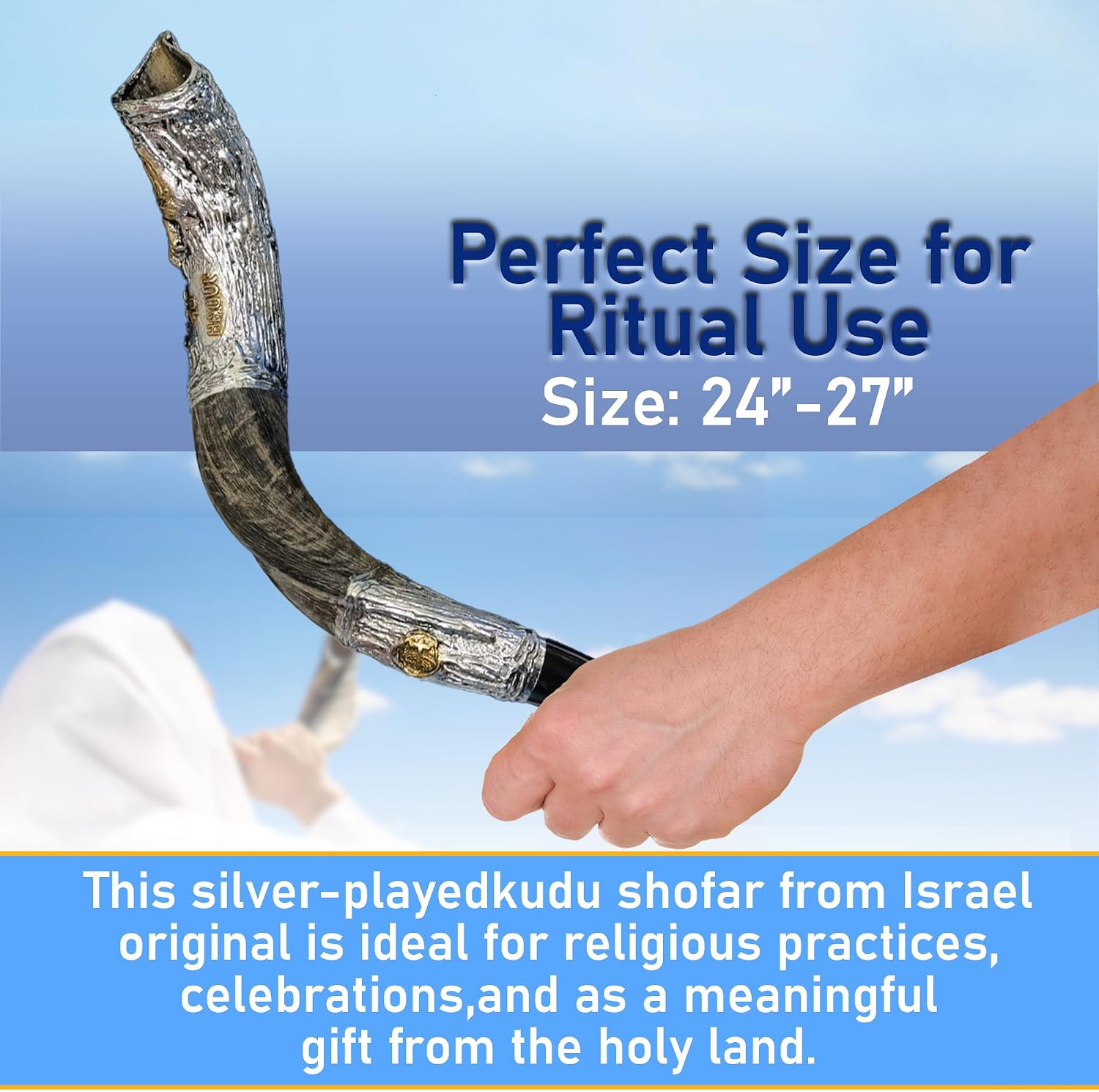 Shofarot Israel Silver-Plated Yemenite Kudu Shofar 24"-27" Lion of Juda Manora Design Original Kosher Kudu Shofar