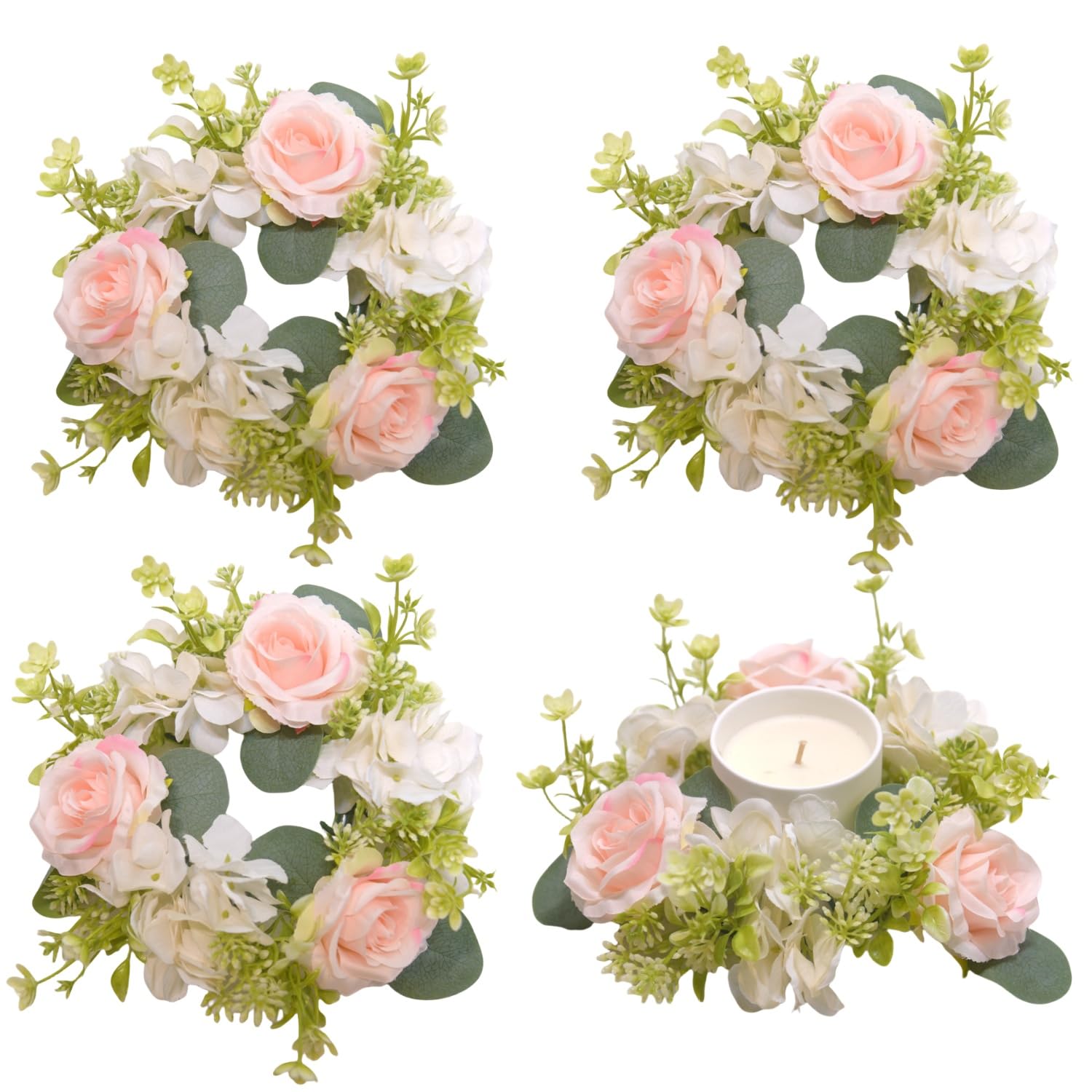 Huilimei 4 Stück Kerzenringe, Kränze, künstliche Hortensienkranz, Kerzen, Kränze für Säulen, Weihnachten, Hochzeit, Zuhause, Tischdekoration, Rosa
