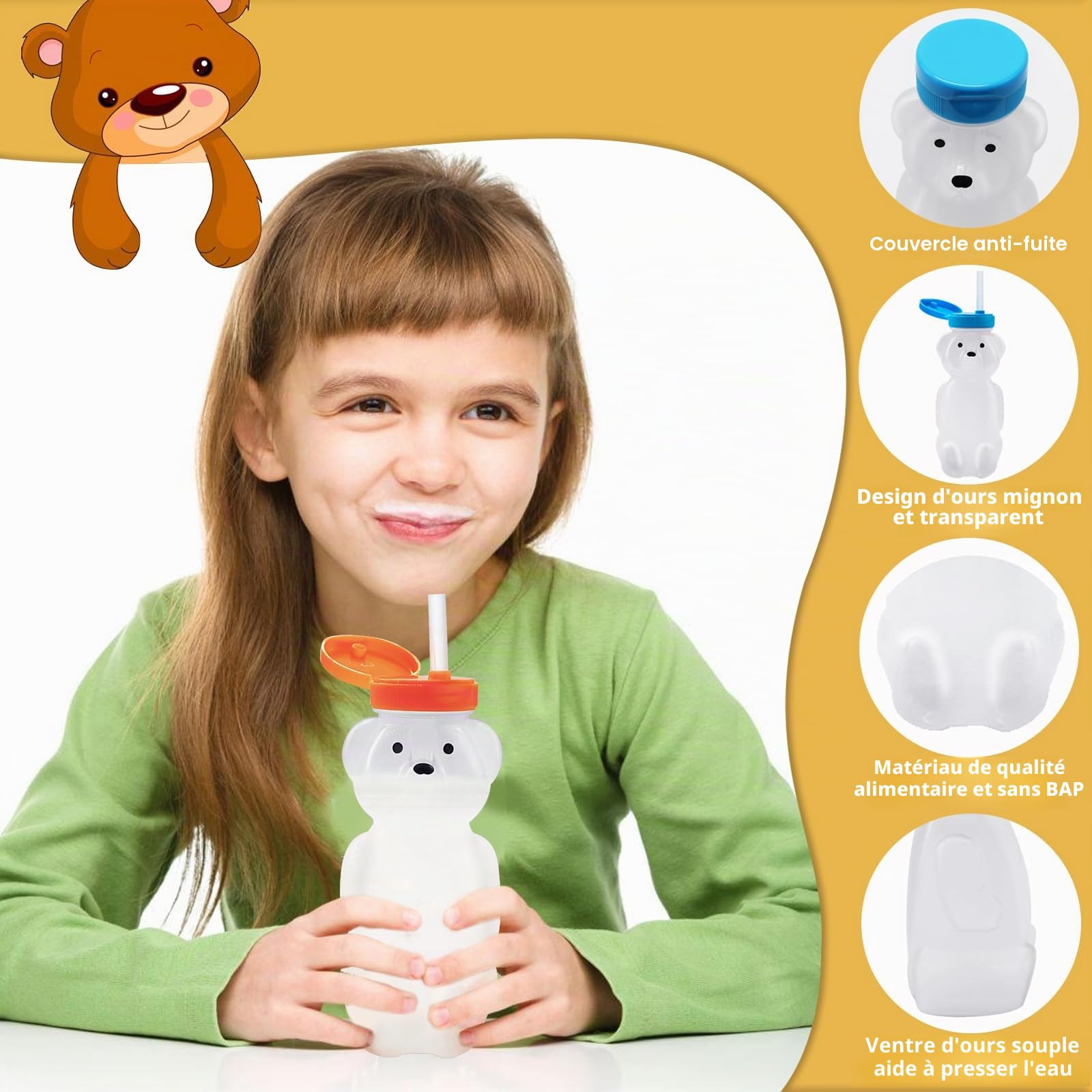 Lot de 2 gobelets en paille en forme d'ours à miel, réutilisables de qualité alimentaire et sans BPA, pour besoins spéciaux avec 2 pailles et 3 brosses de nettoyage
