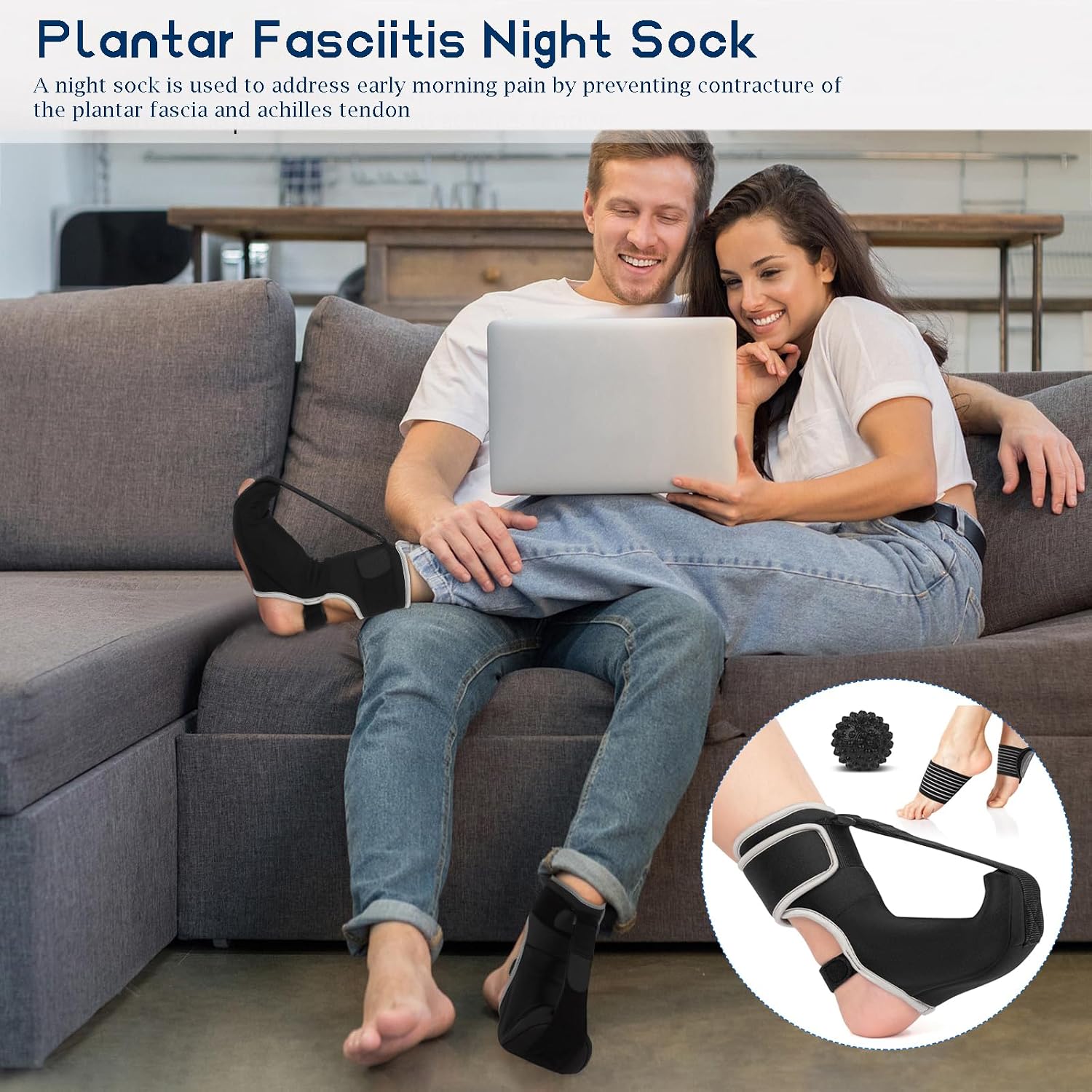 Adjustable Night Splint for Foot Drop & Plantar Fasciitis Relief, Soft Breathable Ankle Brace Support with Massage Ball for Achilles Tendonitis, Heel Spur, Flat Arch
