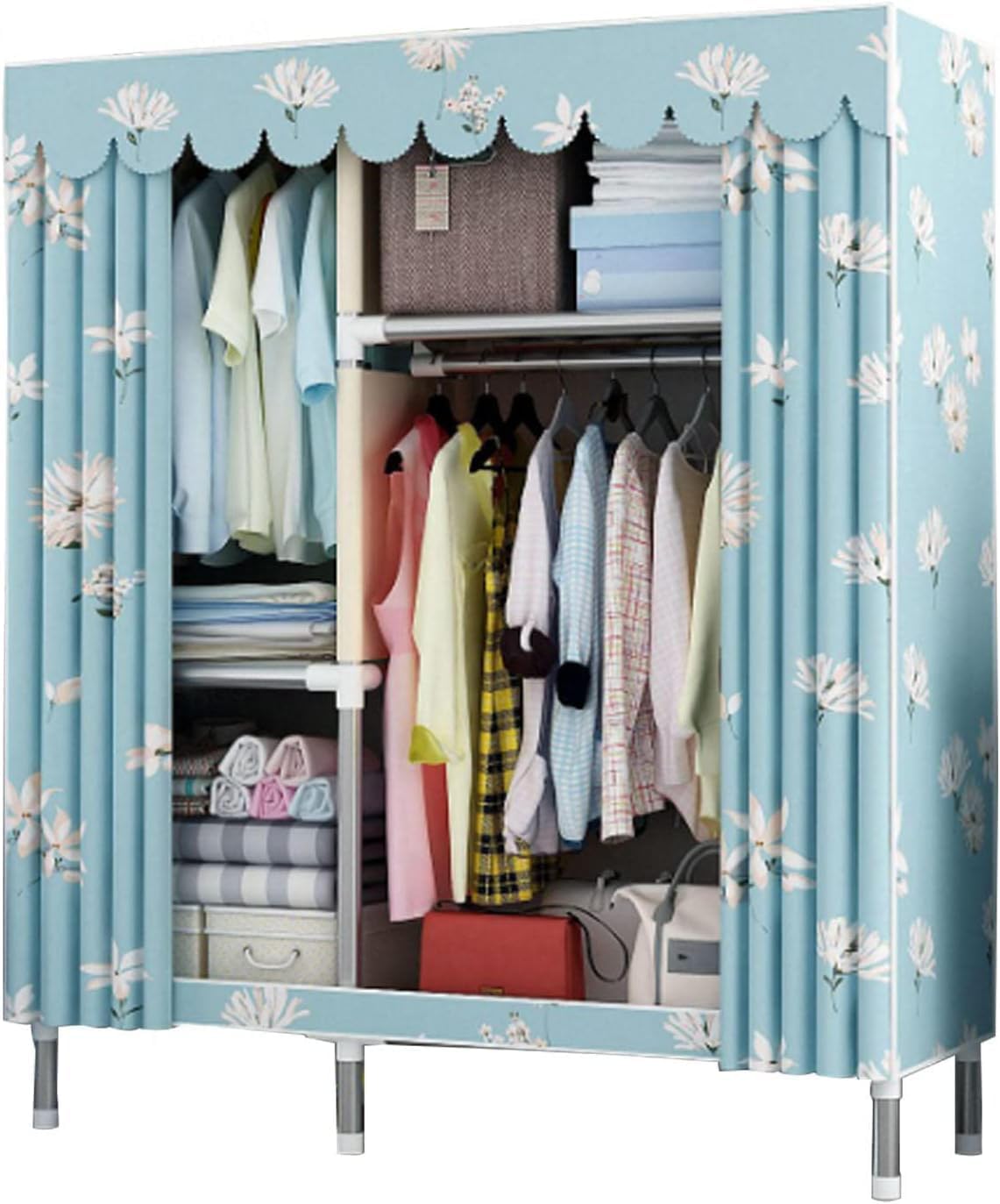 Portable Canvas Wardrobe,Fabric Wardrobe Shelves,Clothes Closet Storage Organizer with Hanging Rail,Shelves,Foldable Closet for Clothes,Bags,A-106x45x