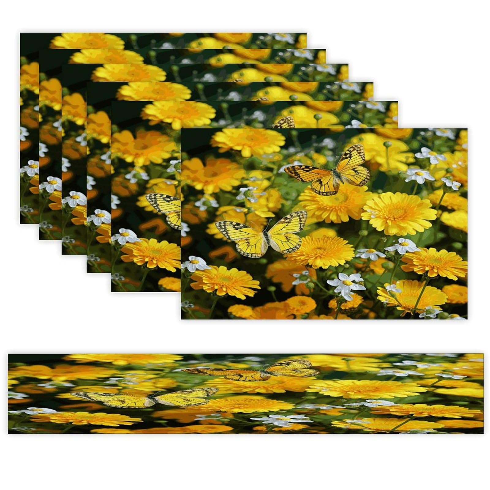 Yellow Butterfly and Yellow Daisies Table Runner and Placemats Set of 6 Heat Resistant Table Runner Place Mats Modern Cloth Table Mat Washable Linen Placemat Festive Reusable Set