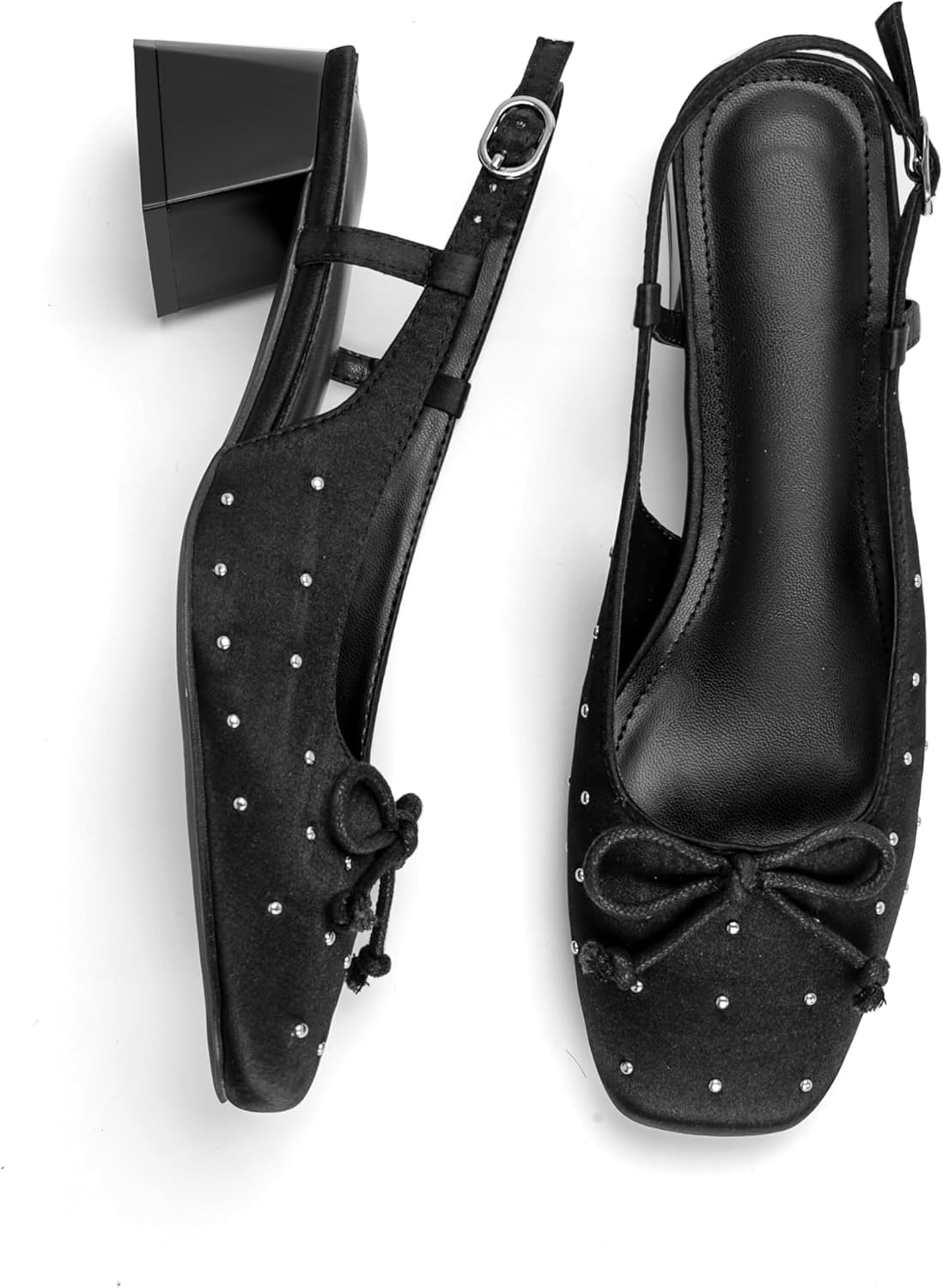 Slingback Ballet Pumps with Bow 2 Inch Studded Pump Low Block Chunky Heels Rhinestone Party Dessy Casual - Image 2