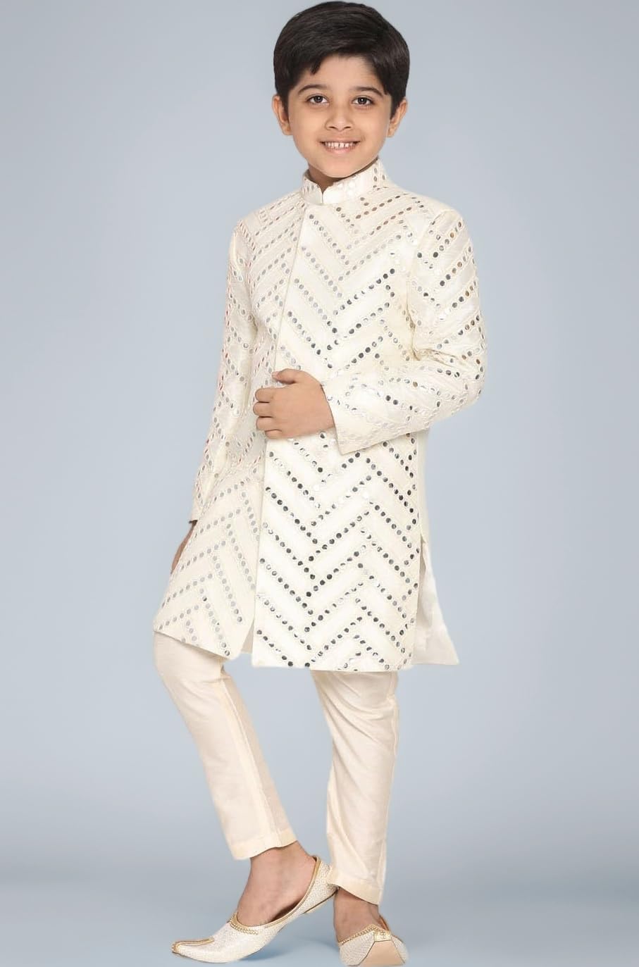 VASTRAMAY Boys' Silk Blend Indowestern Sherwani Set with Mirror Work and Pant Style Pyjama