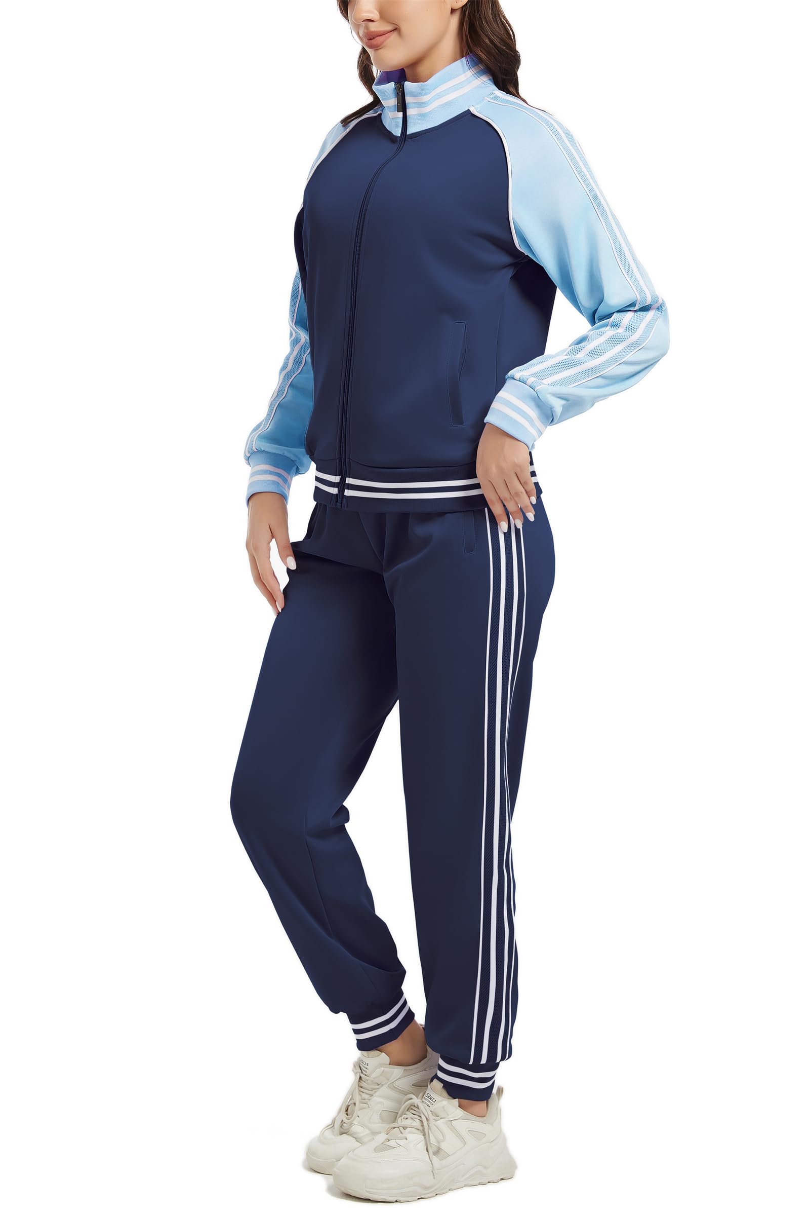 ANOTWENER Women's Jogging Suits Tracksuit Set Workout Long Sleeve Outfits Gym Stripe 2 Piece Set Sweatsuits with Pockets