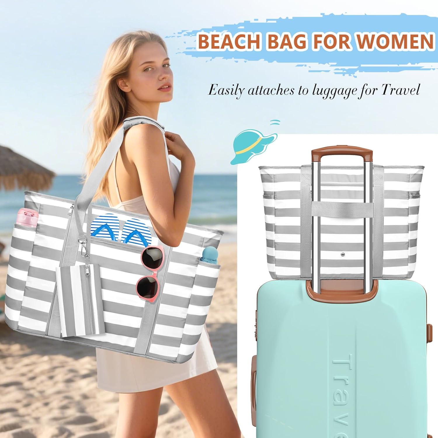 Extra Large Beach Bags for Women, Waterproof Sandproof Beach Tote Bag Foldable Swim Pool Bag with Zipper and Wet Pocket - Image 2