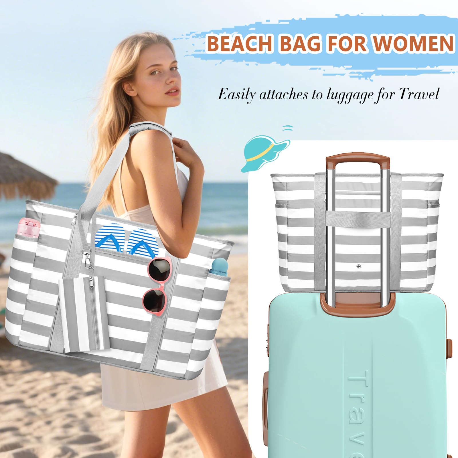 Borsa Mare Donna Grande, Borsa Spiaggia XXL Famiglia 45L Impermeabile Borse Mare con Cerniera Pieghevole Leggera Borse Beach Tote Bag per Spiaggia,Viaggio,Vacanza
