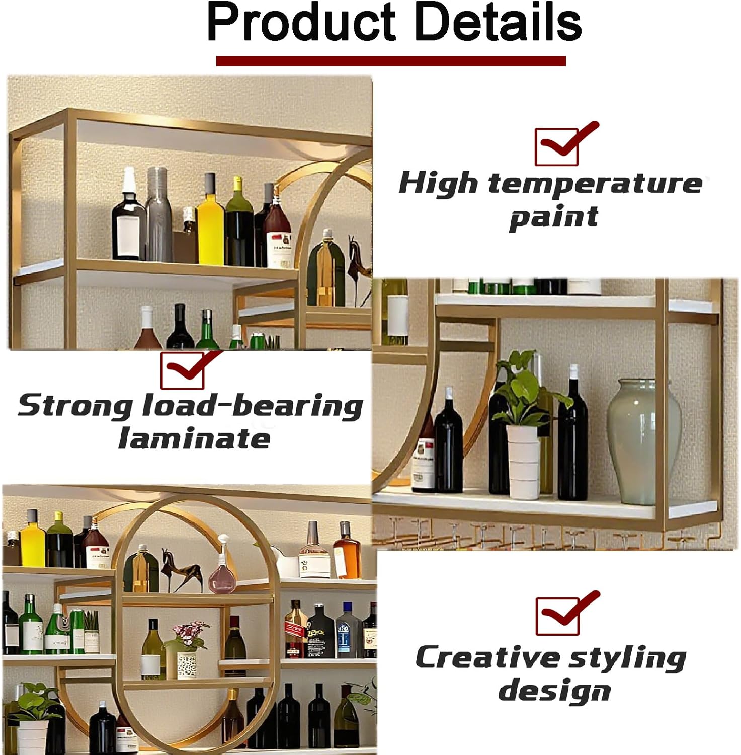 63IN Large Wall Mount Wine Rack, Metal 4 Tier Hanging Bottle Holder with Wine Glass Storage Racks, Modern Floating Wine Shelves for Home Bar Dining Room Decoration (Gold)